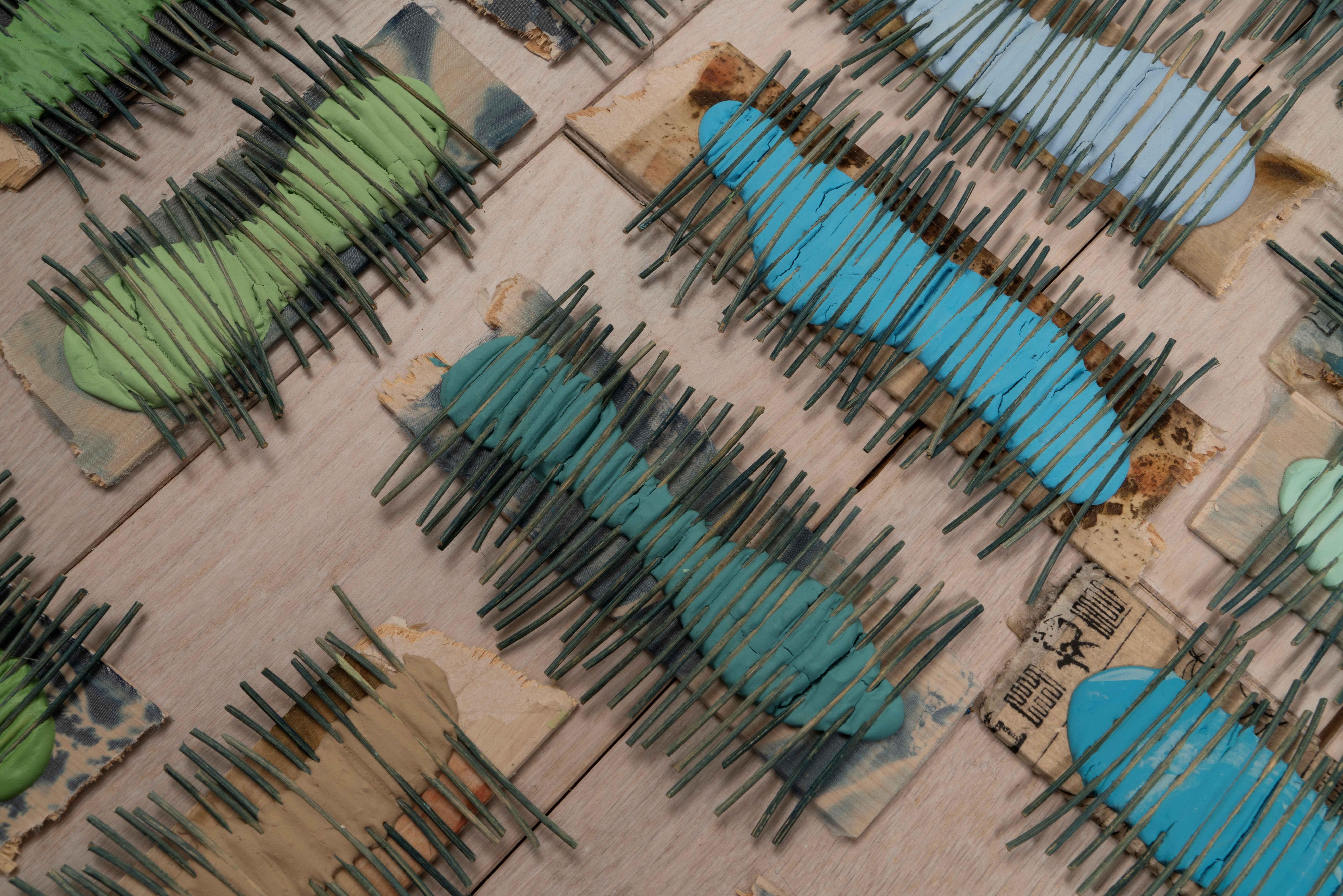 acrylic, drywall compound, wood sculpture