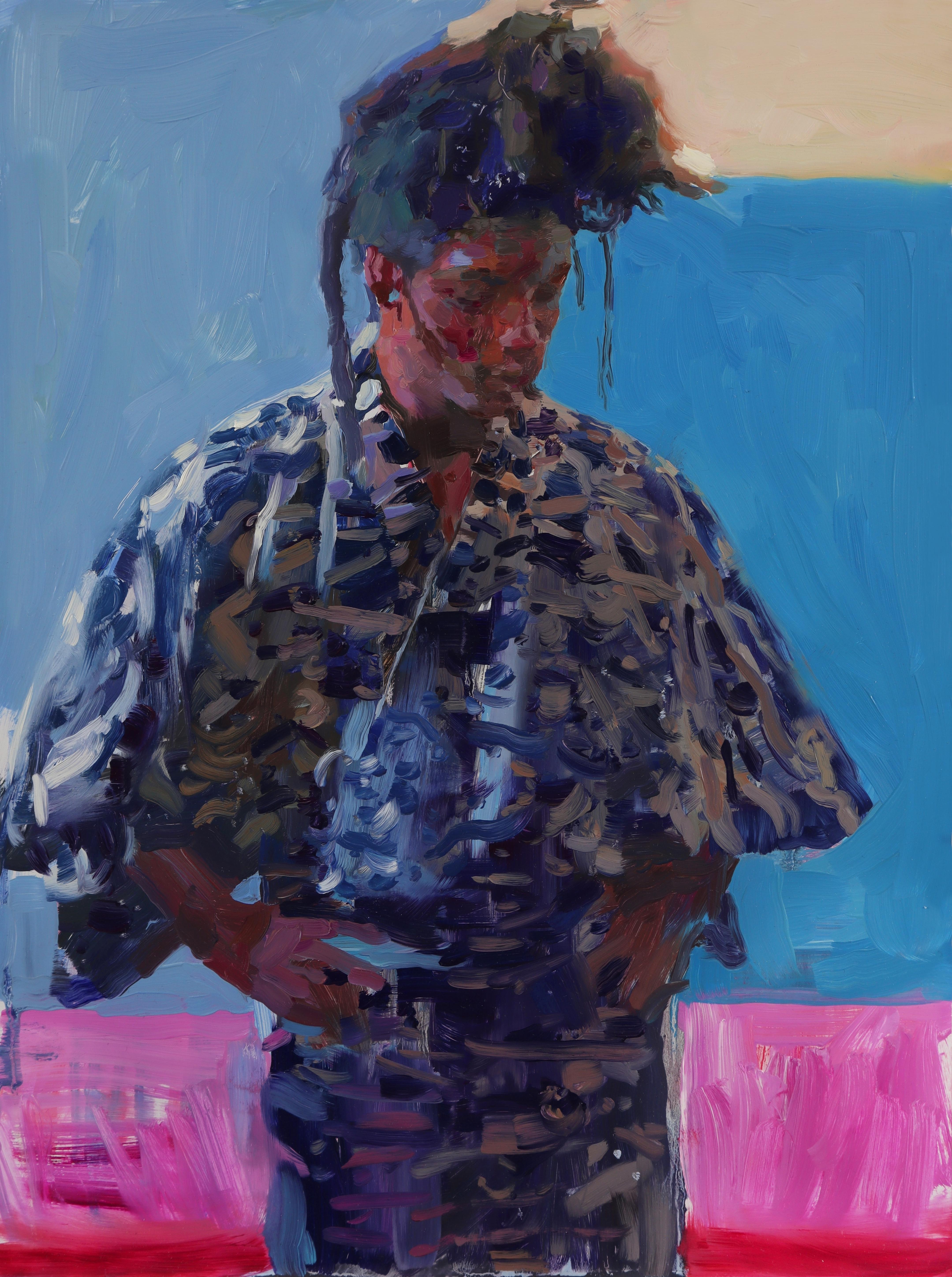 L'œuvre " Quan's Kimono " (2024) de Whiting (basée aux États-Unis) est une peinture à l'huile impressionniste originale, réalisée à la main, qui représente le portrait d'un homme s'habillant calmement d'un kimono bleu et blanc, les cheveux relevés