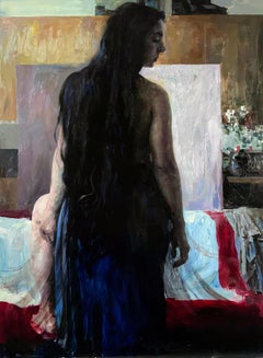 "El susurro" (2024) de Hollis Dunlap, pintura impresionista al óleo con retrato