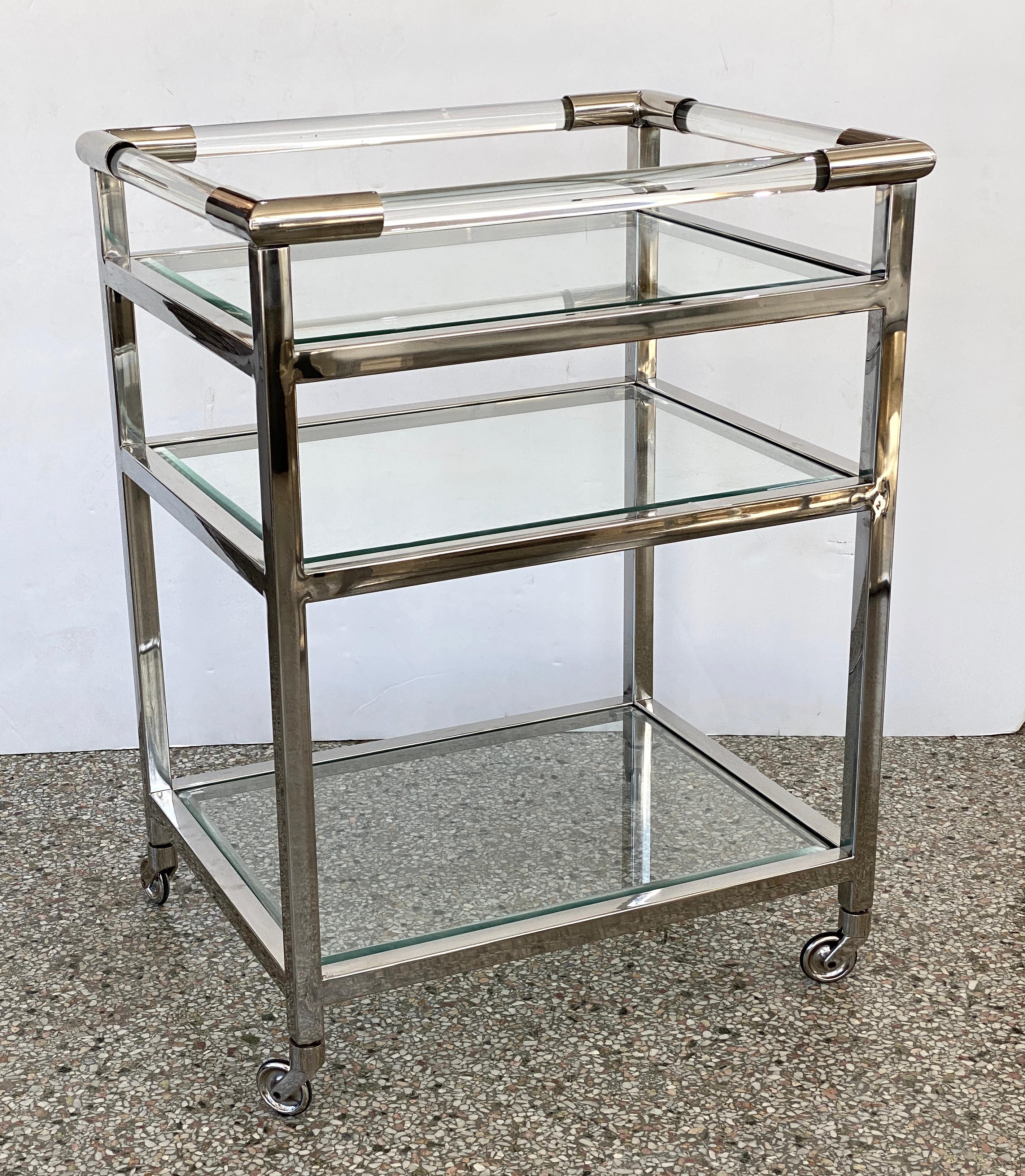 Polished Hollis Jones Style Lucite and Chrome Bar Cart For Sale