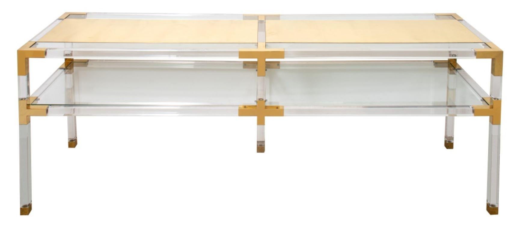 Modern Two-Tier Lucite and Brass Console Table with four glass tops, signed 