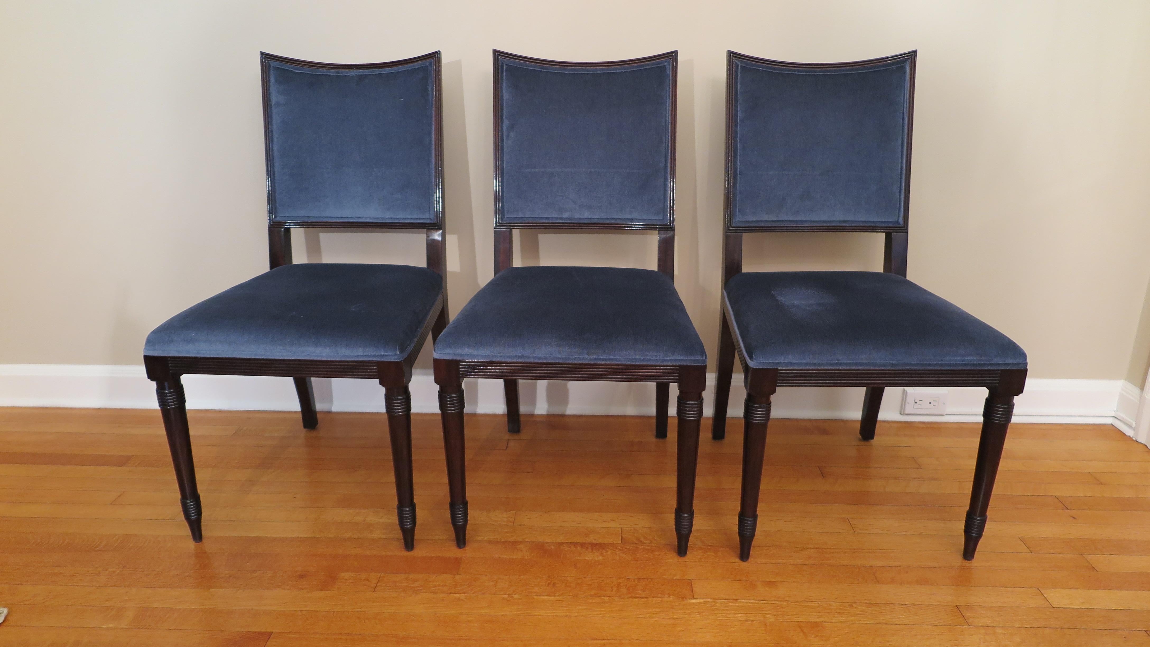 Set of 6 Holly Hunt dining chairs. In very good condition with blue velvet.