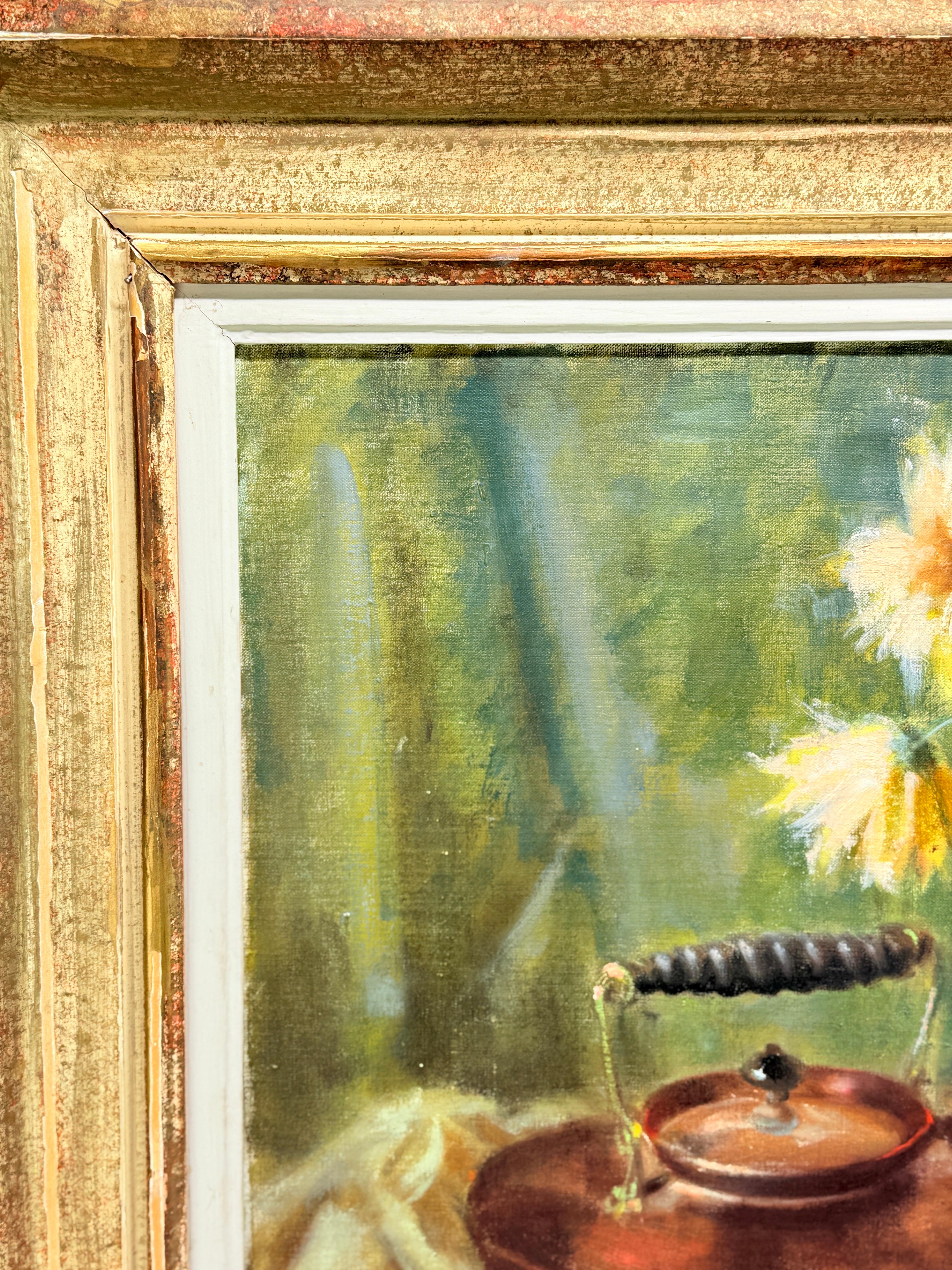 Hollone F. Nelly, Vintage-Stillleben Öl auf Leinwand „Getränke mit Blumen“, Ölgemälde im Angebot 1