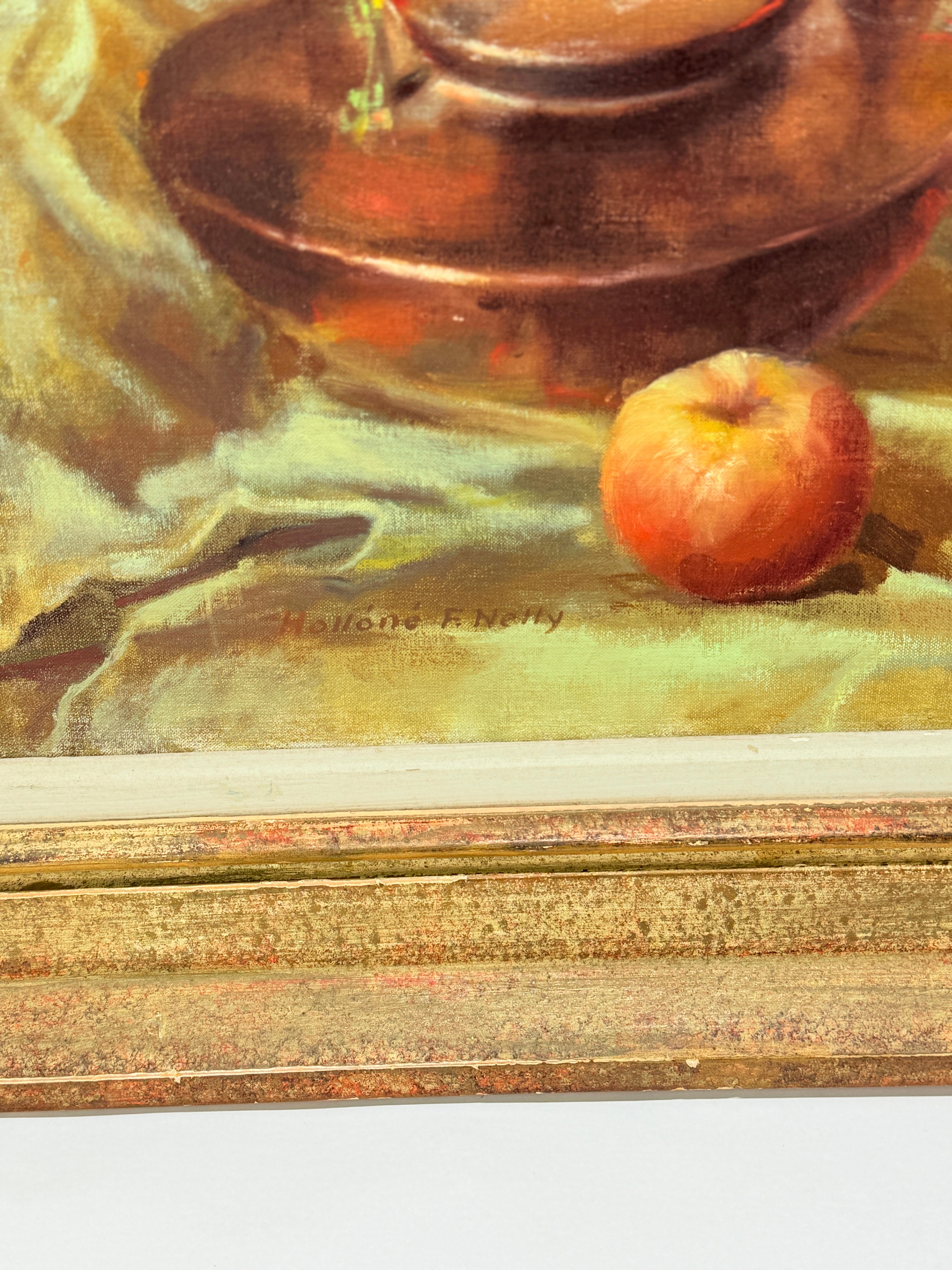 Hollone F. Nelly, Vintage-Stillleben Öl auf Leinwand „Getränke mit Blumen“, Ölgemälde im Angebot 2
