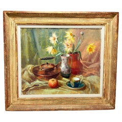 Hollone F. Nelly, Natura morta d'epoca Olio su tela "Colazione con fiori"