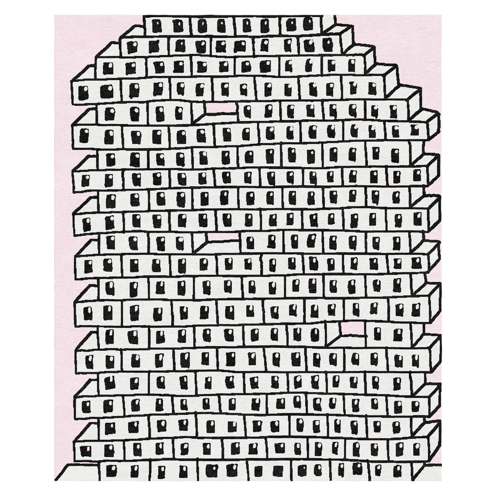 Hollow Brick Wall Hand Knotted Nepalese Area Rug. Hellgrau, Schwarz, Rosa, Wolle