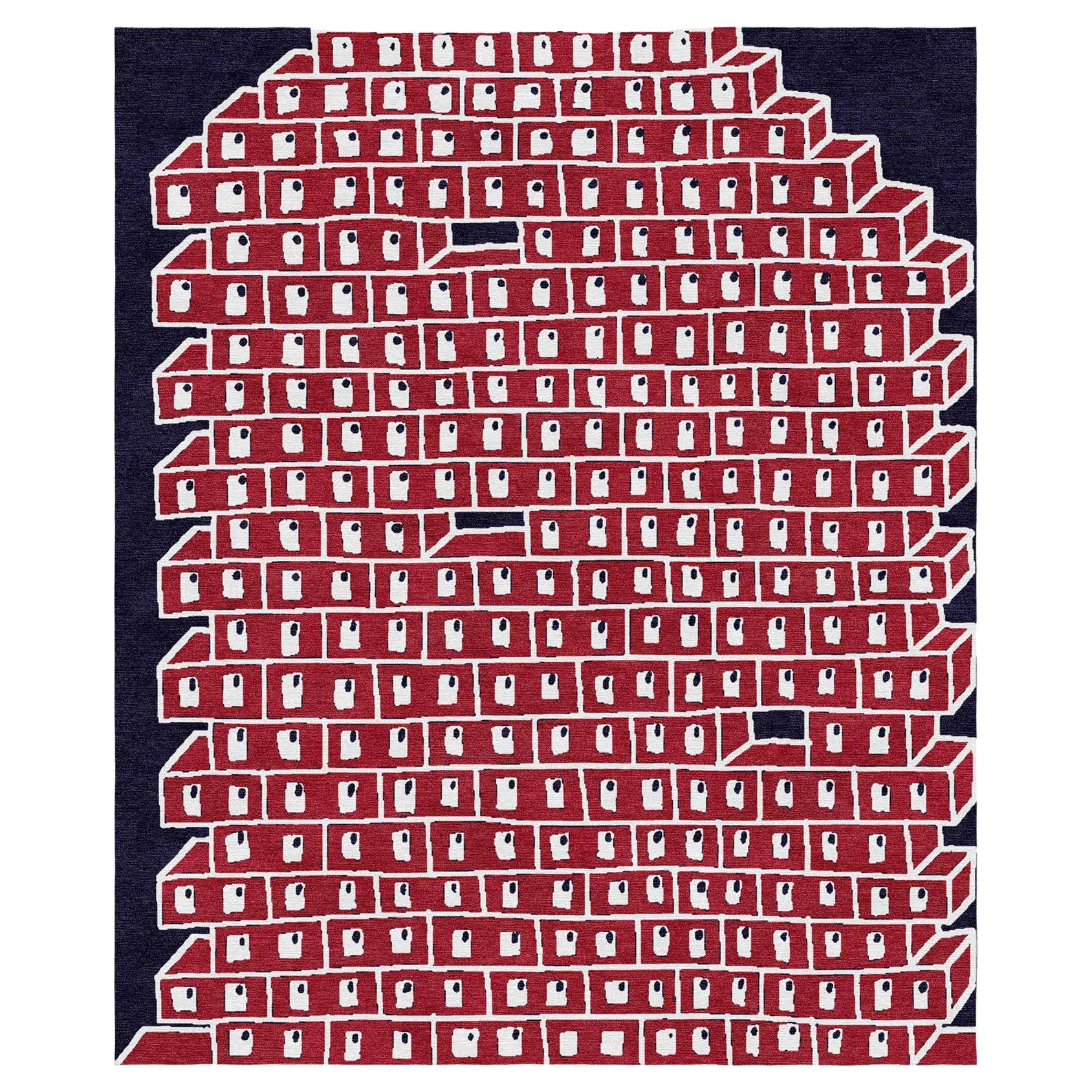 Hollow Brick Wall Hand Knotted Nepalese Area Rug. Hellgrau, Schwarz, Rosa Wolle im Angebot