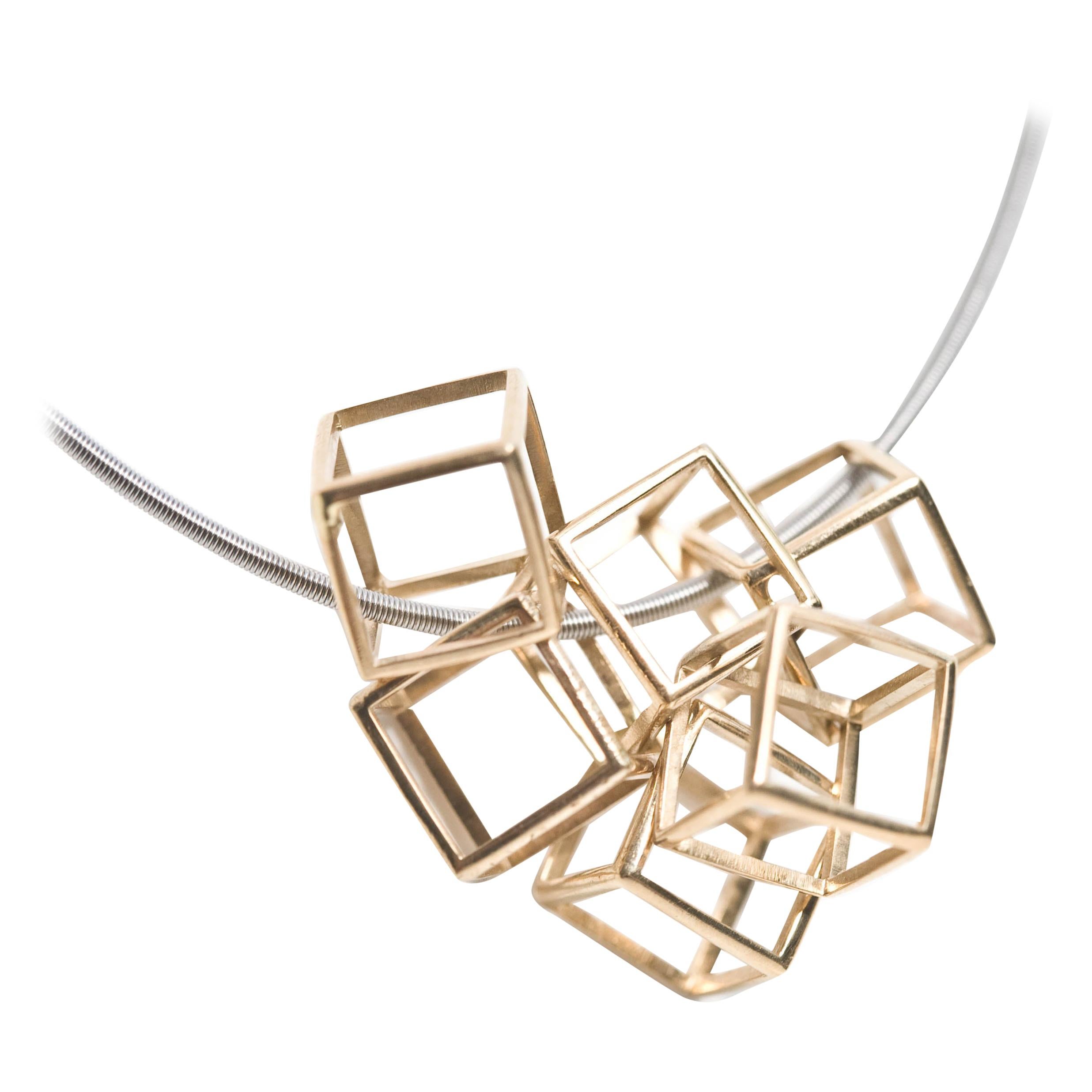  18 Karat Yellow Gold, Unique Geometric Pendant, Stainless Steel Coil. For Sale