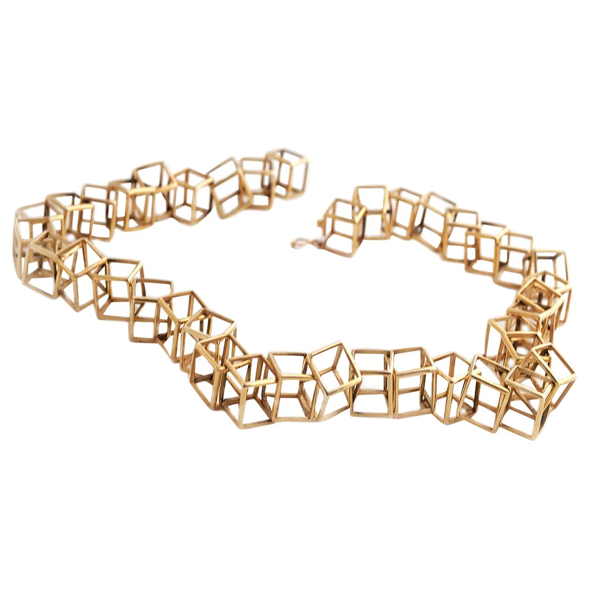  18 Karat Yellow Gold, Hollow Geometric Cubes, Statement collier,