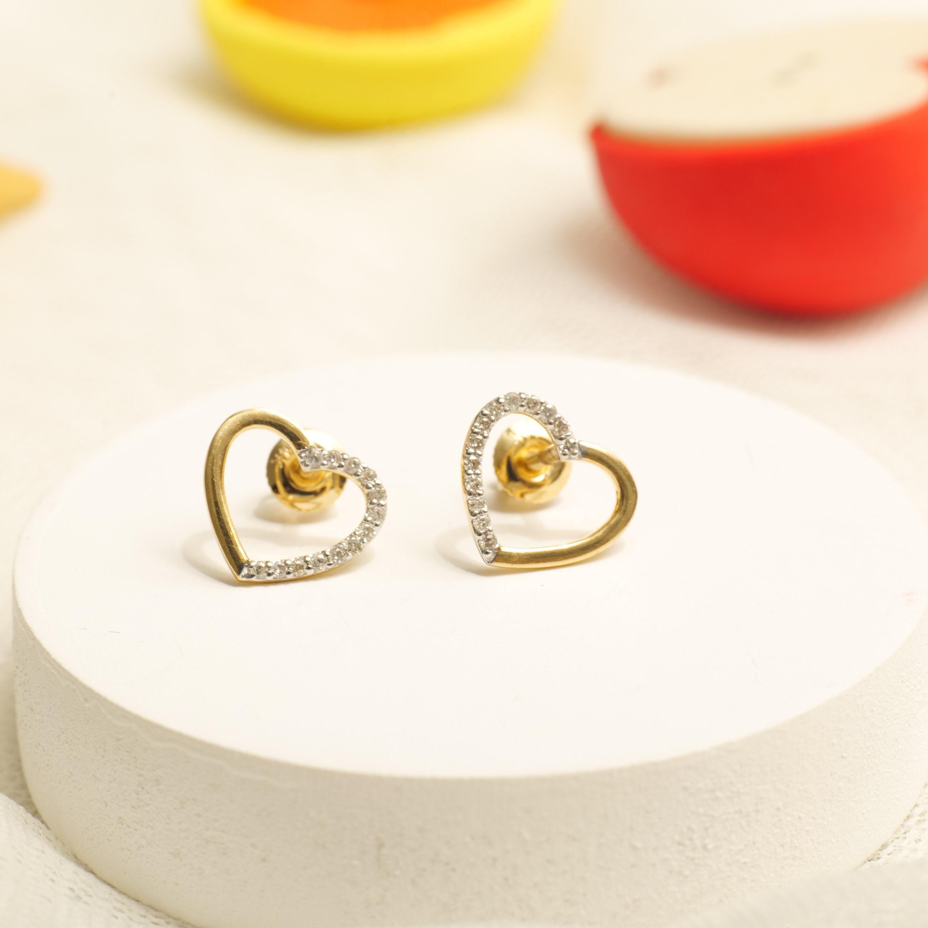 Art Déco Orecchini con diamante a cuore cavo per bambini in oro massiccio 14k (certificati) in vendita