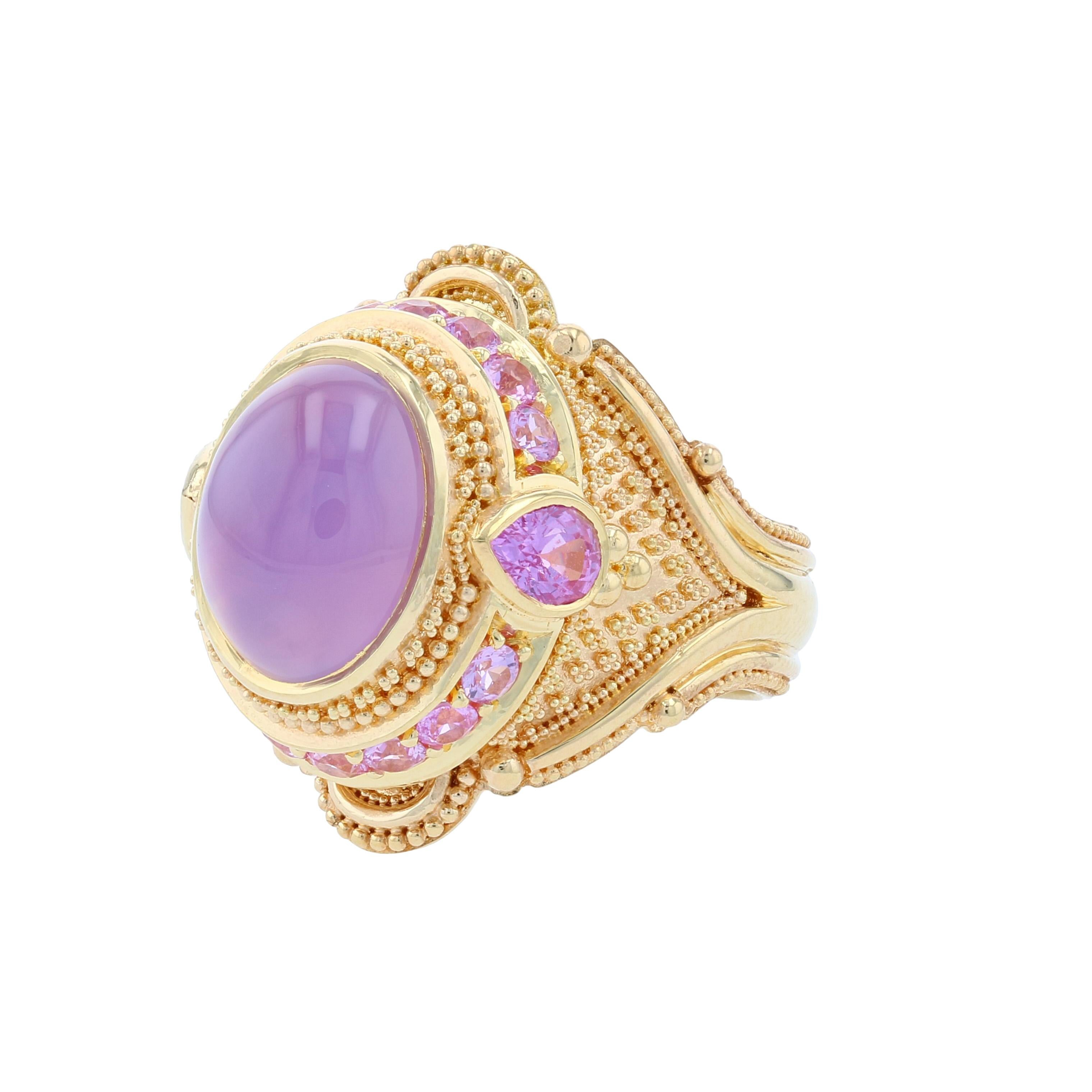 Mixed Cut Kent Raible Holly Agate, Pink Sapphire 18 Karat Gold Granulation Cocktail Ring For Sale