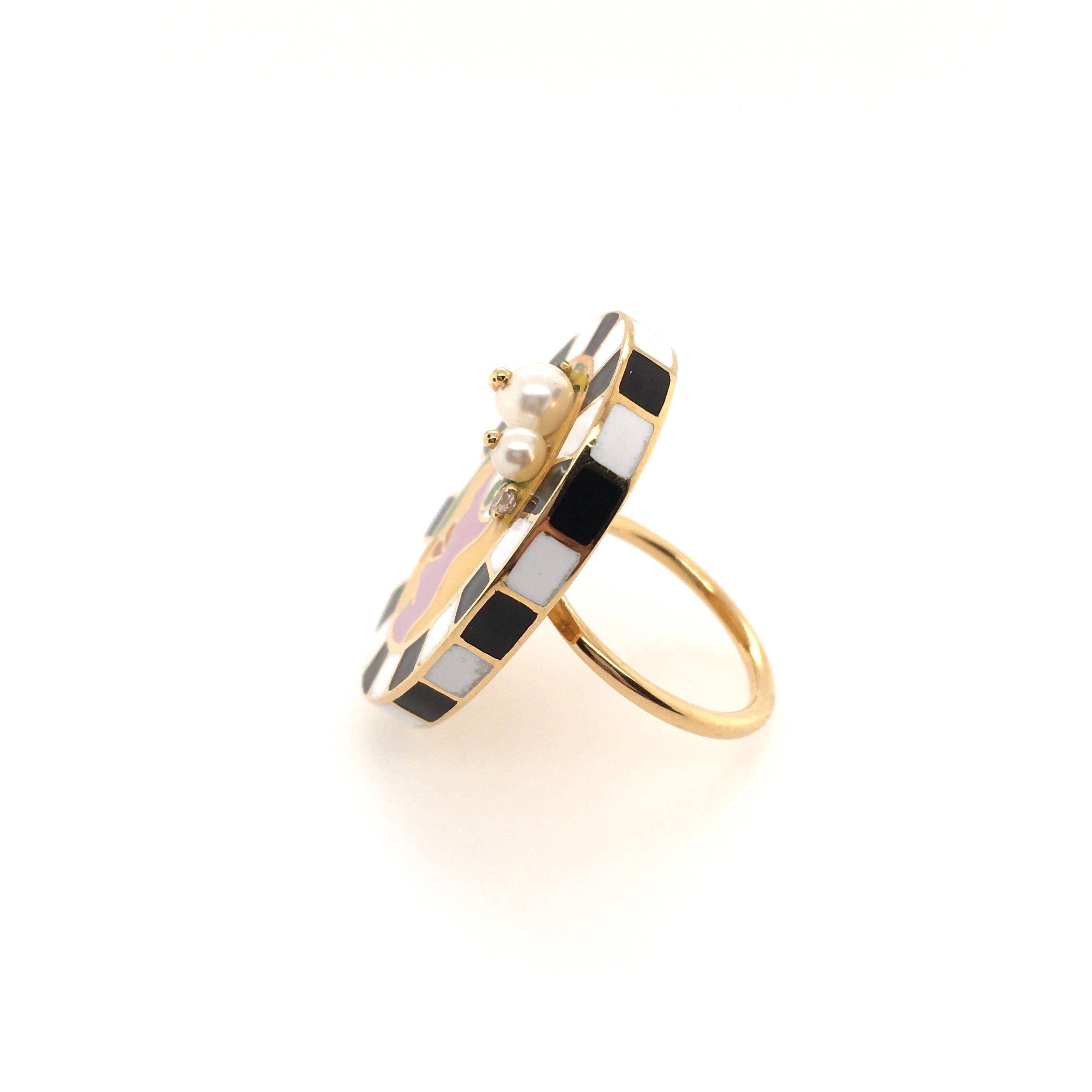 Round Cut Holly Dyment Gold, Enamel Gem Set and Diamond Face Ring