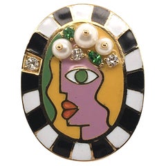 Holly Dyment Gold, Enamel Gem Set and Diamond Face Ring
