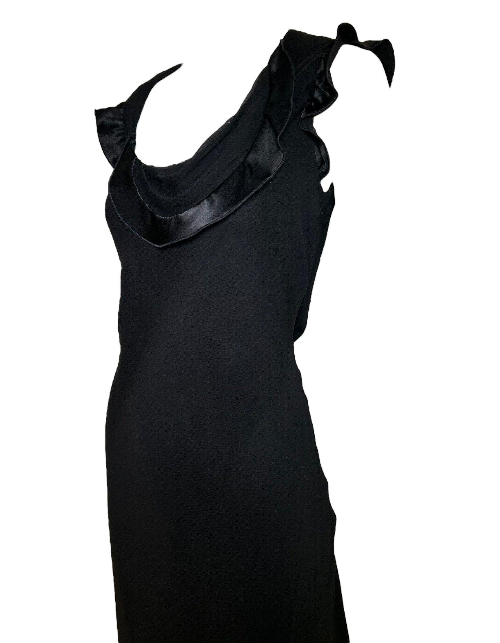 Noir Robe à volants en mousseline de soie noire coupée en biais, Holly Harp, années 1990 en vente