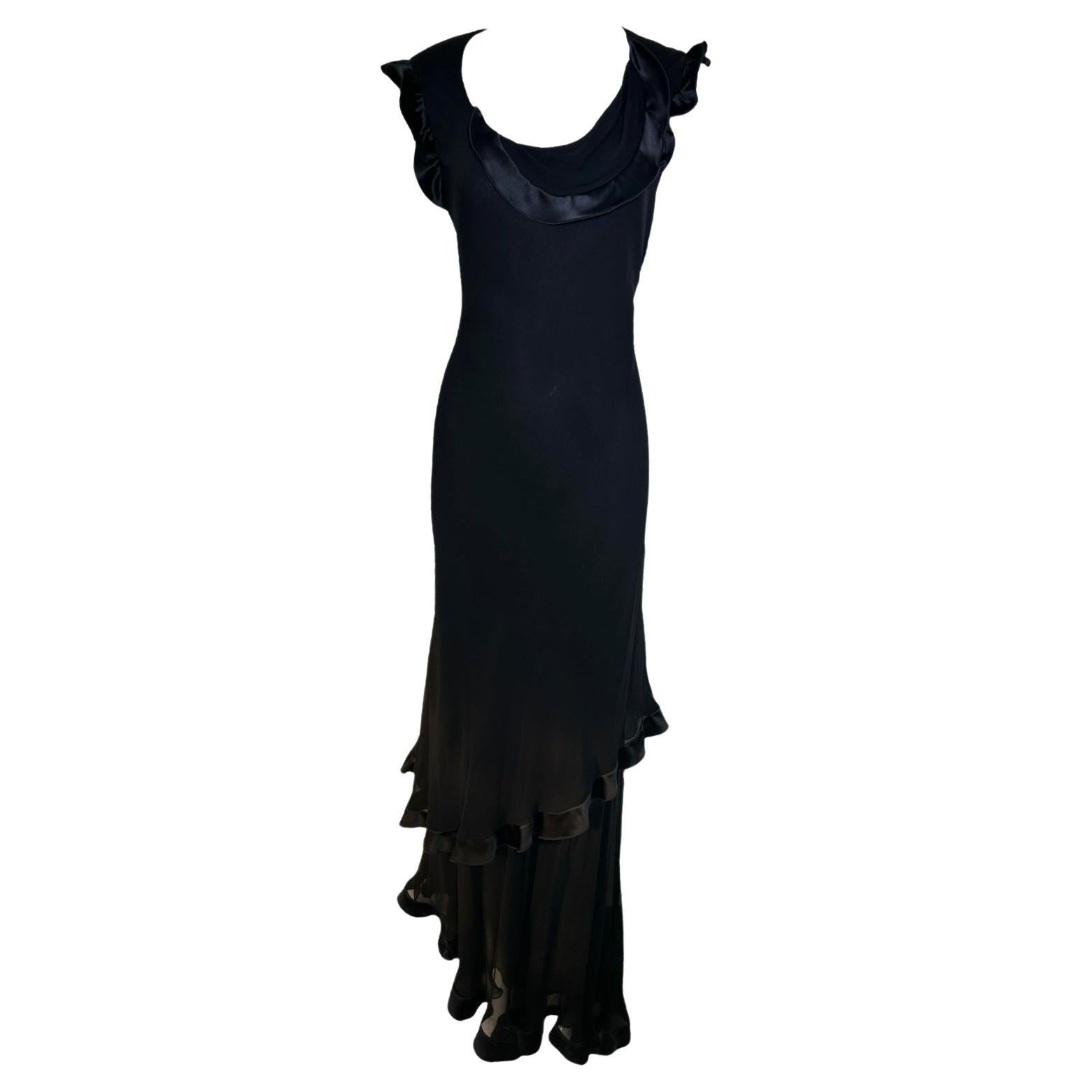Robe à volants en mousseline de soie noire coupée en biais, Holly Harp, années 1990 en vente