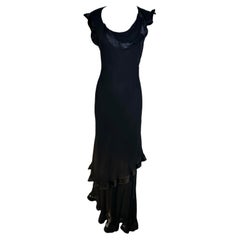Robe à volants en mousseline de soie noire coupée en biais, Holly Harp, années 1990
