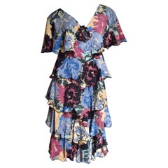 Retro Holly Harp Silk Flower Print Ruffle Dress 1970s