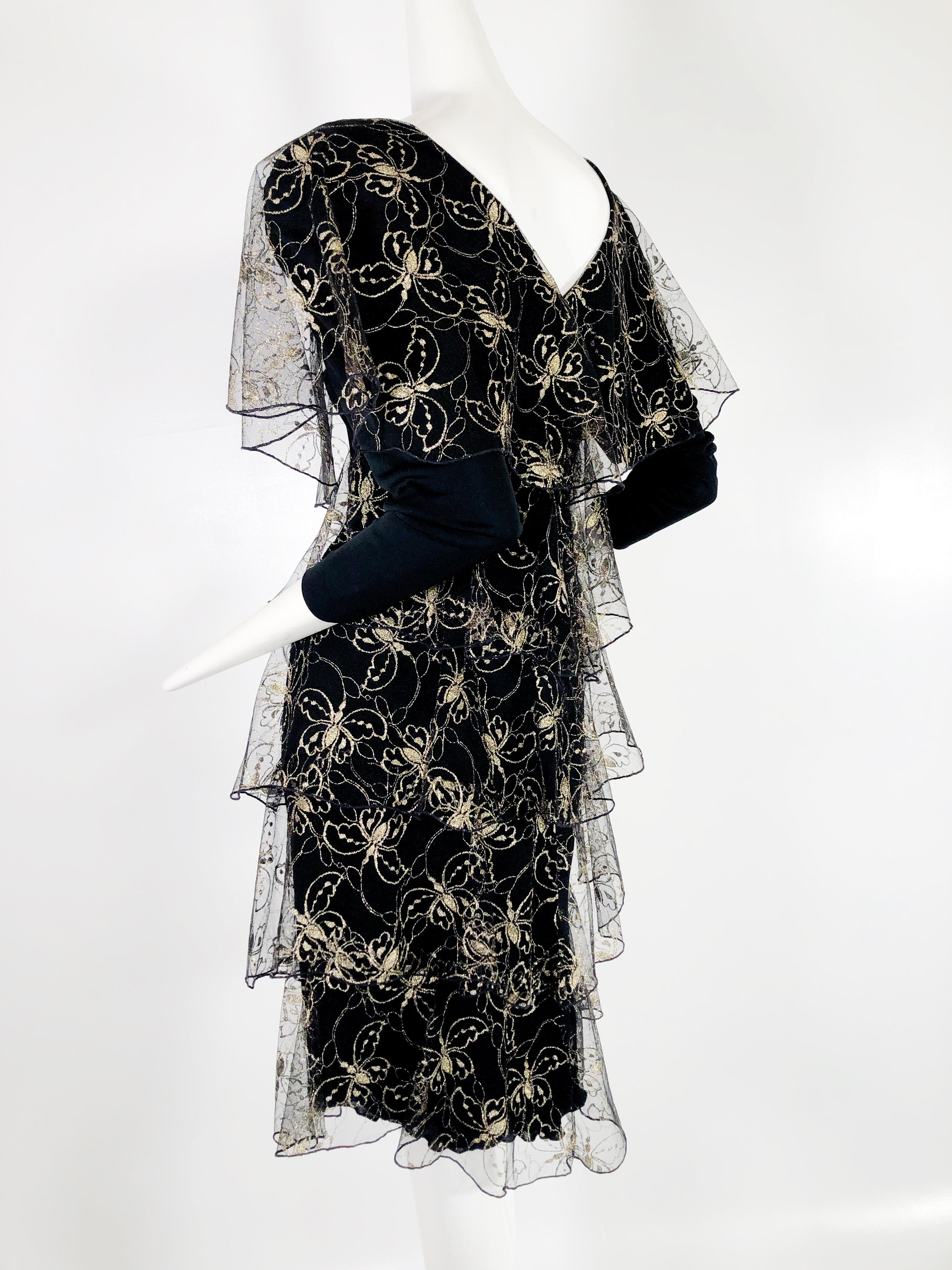 Black Holly Harp Matte Jersey and Gold Butterfly Embroidered Net Tiered Dress, 1970s 