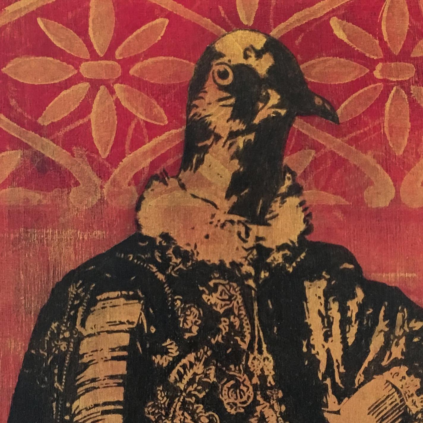 Holly Harrison's mixed media piece on panel portrays a pigeon in a traditional portrait style. The black and gold pigeon emerges from the gold and red of the background. The background colors are remanent of jewel tones referring wealth and status. 