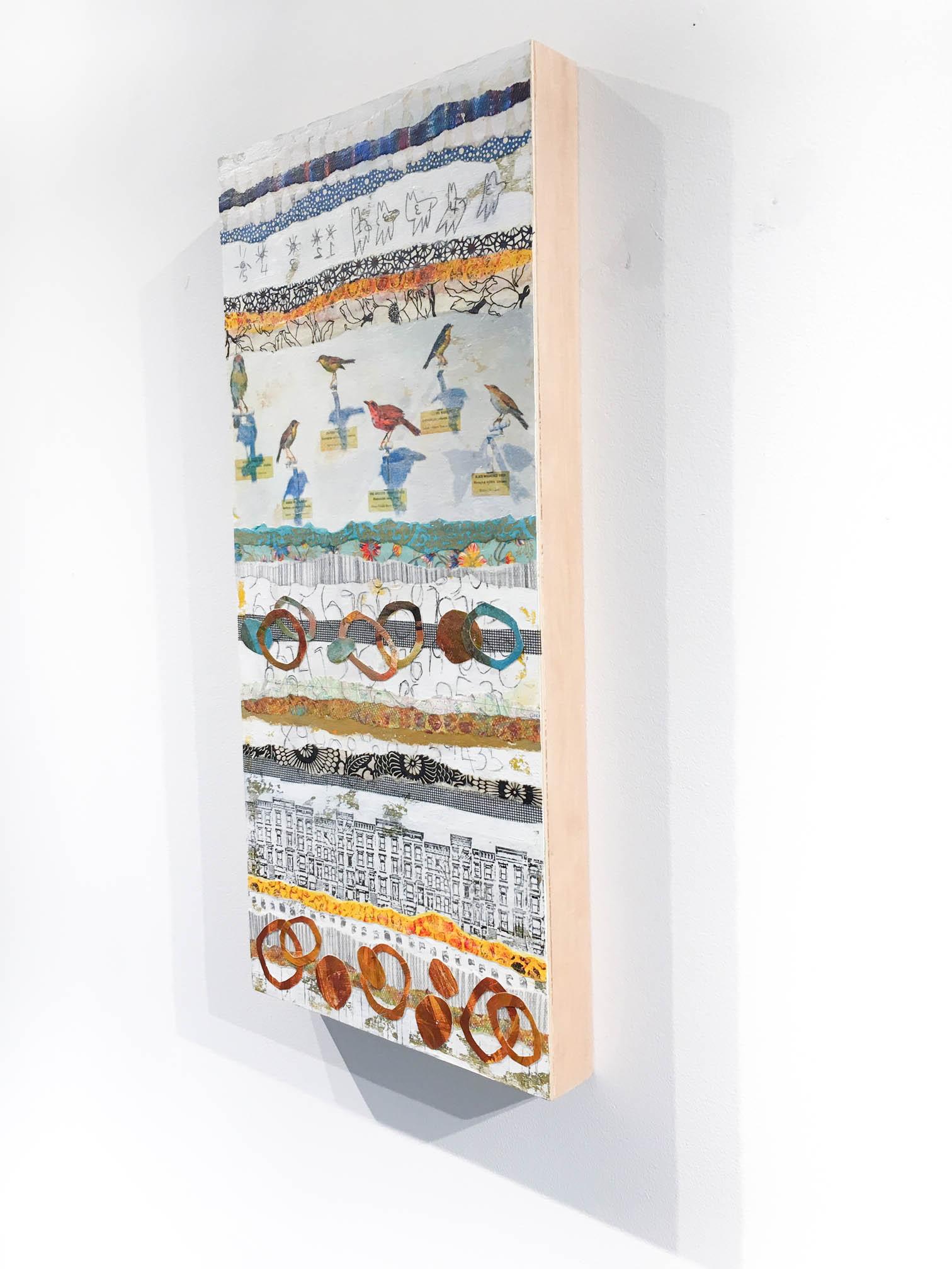 Collected is a contemporary abstract mixed media piece that features Holly Harrison's usual motifs of horizontal stripes of collage, coupled with imagery of birds and man-made structures. This piece includes a predominantly white background with
