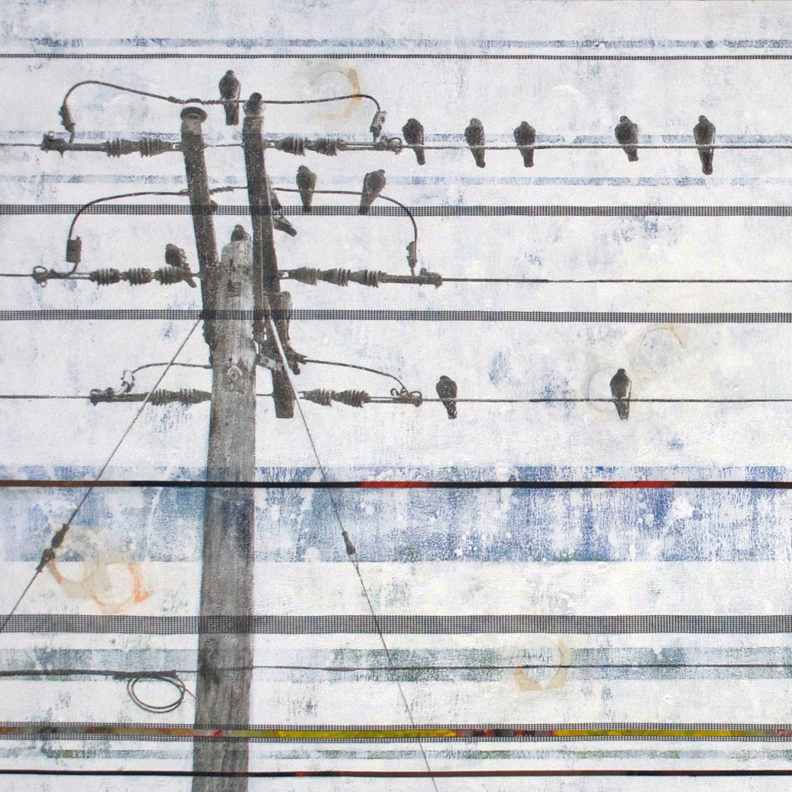 On A Clear Day is a contemporary abstract mixed-media piece by Holly Harrison. This piece features a telephone pole with a row of birds perched on its wires. A background of blue horizontal stripes in alternating sizes as well as collage components