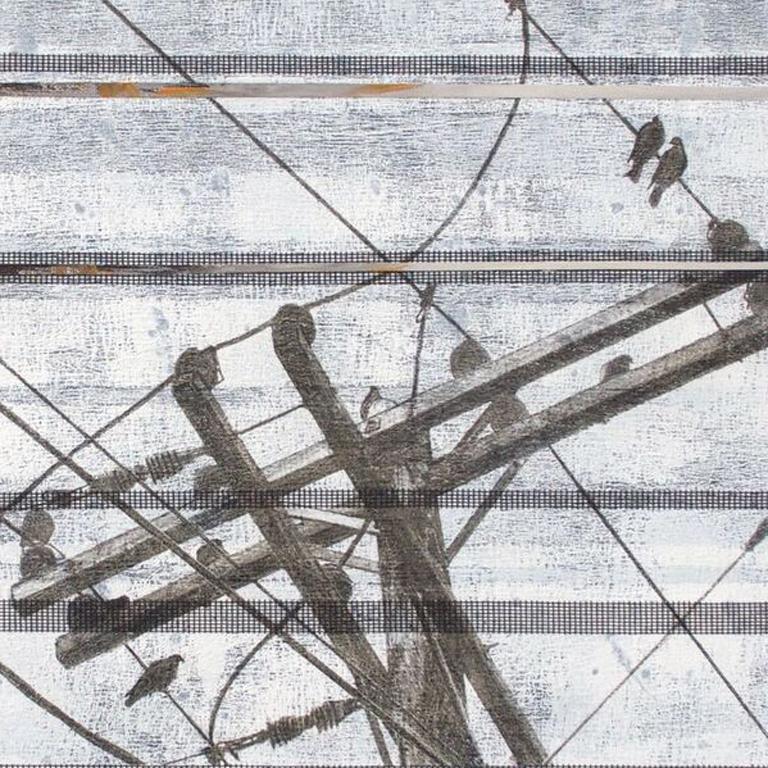 Time Has Told Me is a mixed-media piece by Holly Harrison. Horizontal and diagonal lines work together to create a dynamic composition that depicts birds sitting on a telephone wire. Thin stripes of orange punctuate the piece, creating contrast