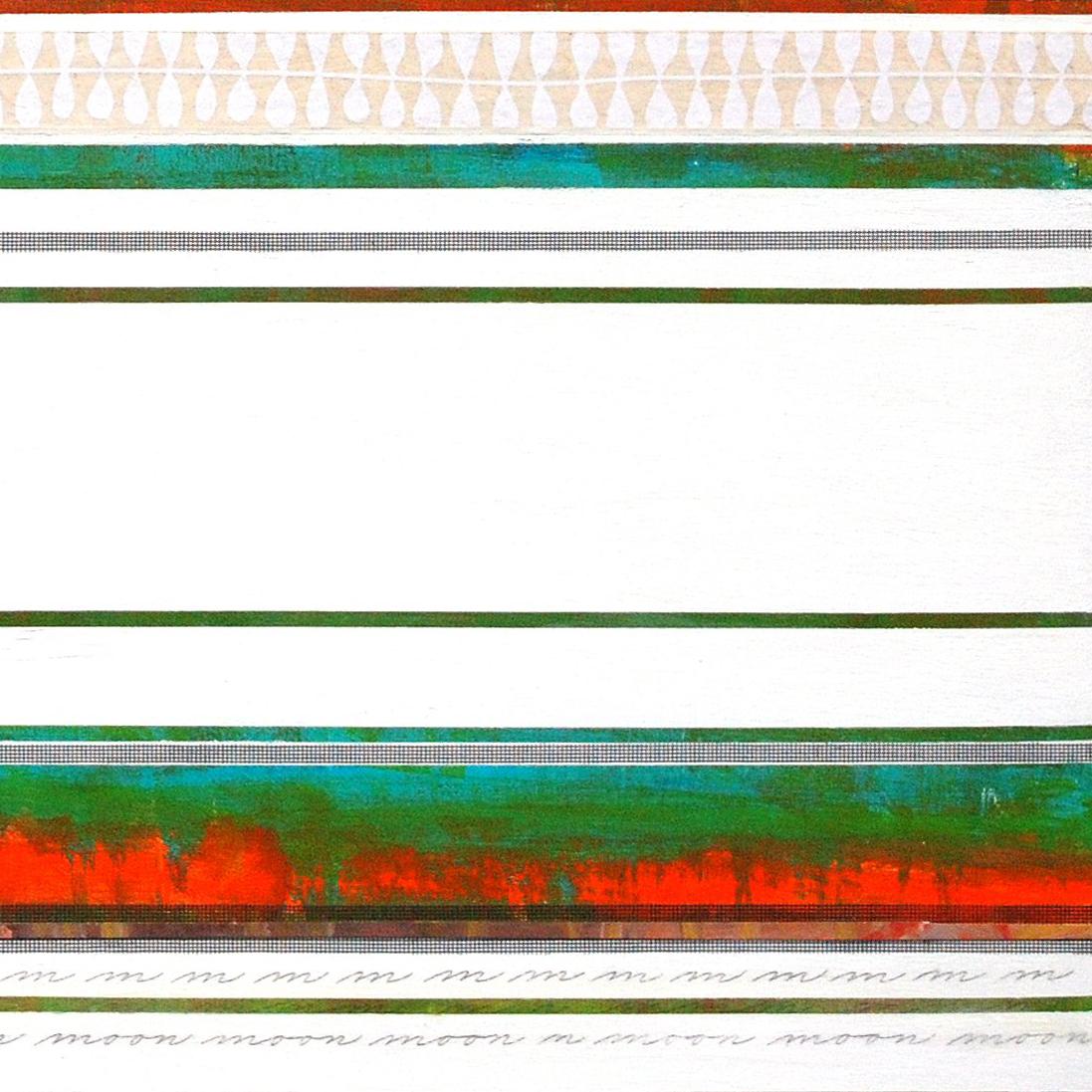 Untitled is a contemporary abstract mixed-media piece by artist Holly Harrison. In this piece, Holly combines bright horizontal stripes of turquoise, orange, red and green on a flat white background. Within the stripes of color are heavy amounts of