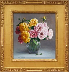 Peinture contemporaine de femme artiste réaliste, nature morte aux fleurs, large cadre doré