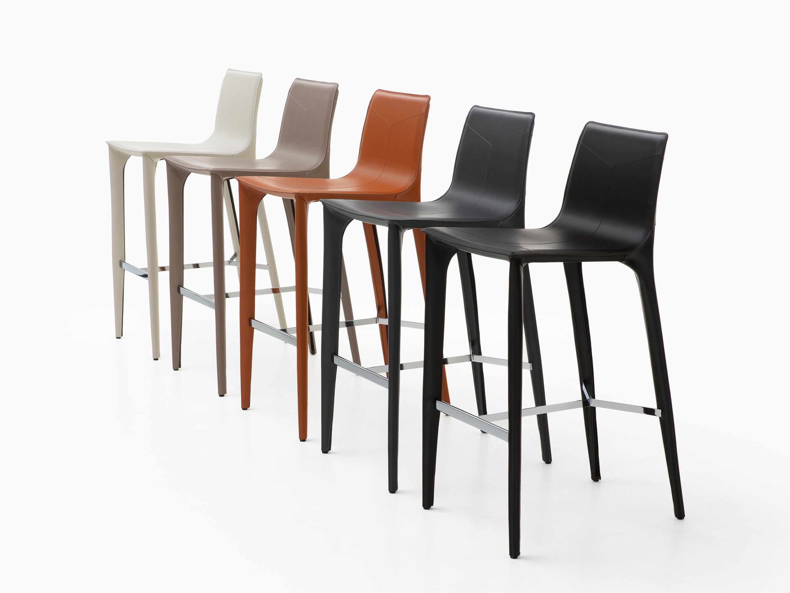HOLLY HUNT Adriatic Bar Stool in Polished Chrome and Caffe Leather Finish In New Condition In Chicago, IL