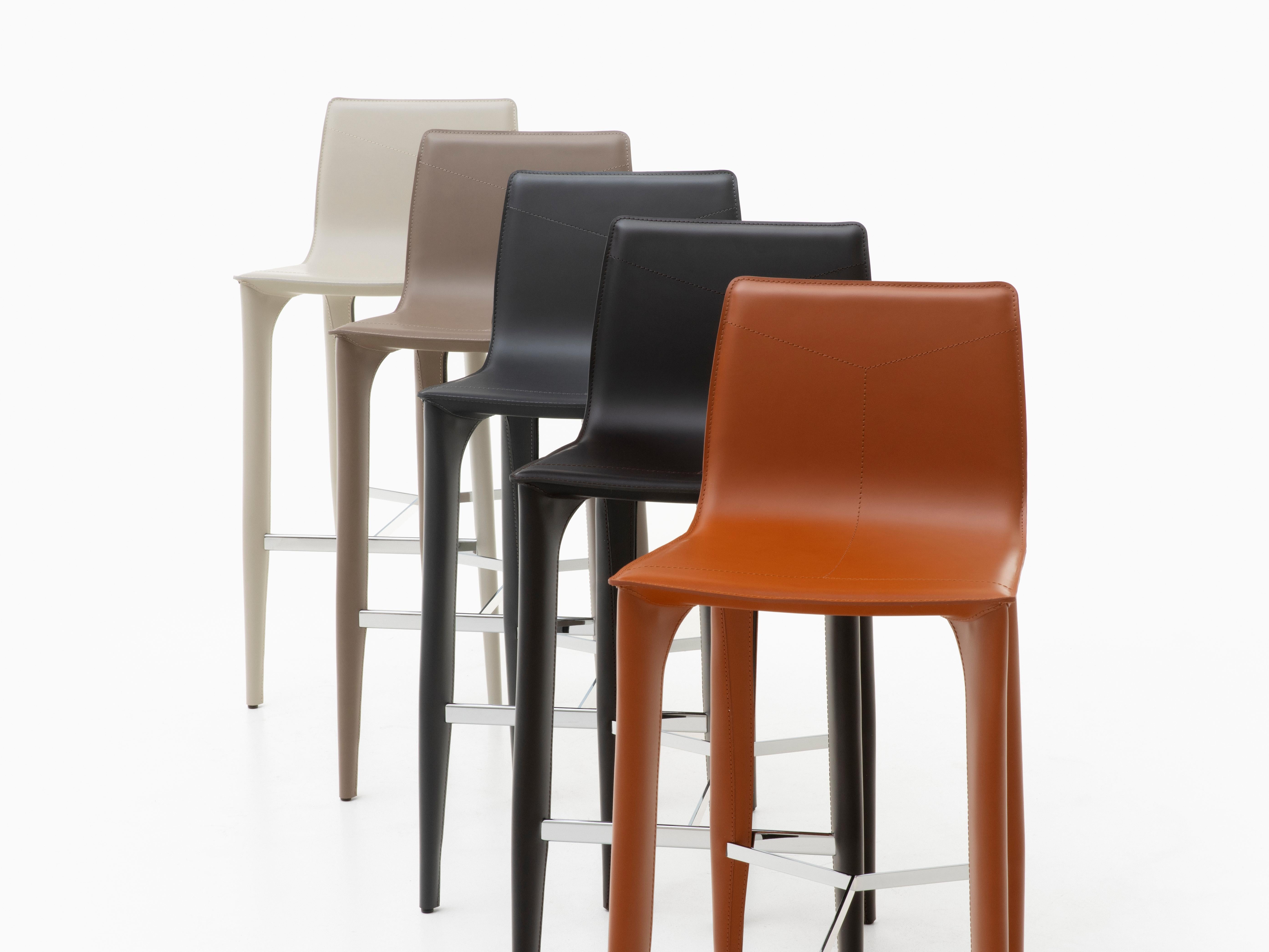 Contemporary HOLLY HUNT Adriatic Bar Stool in Polished Chrome and Caffe Leather Finish
