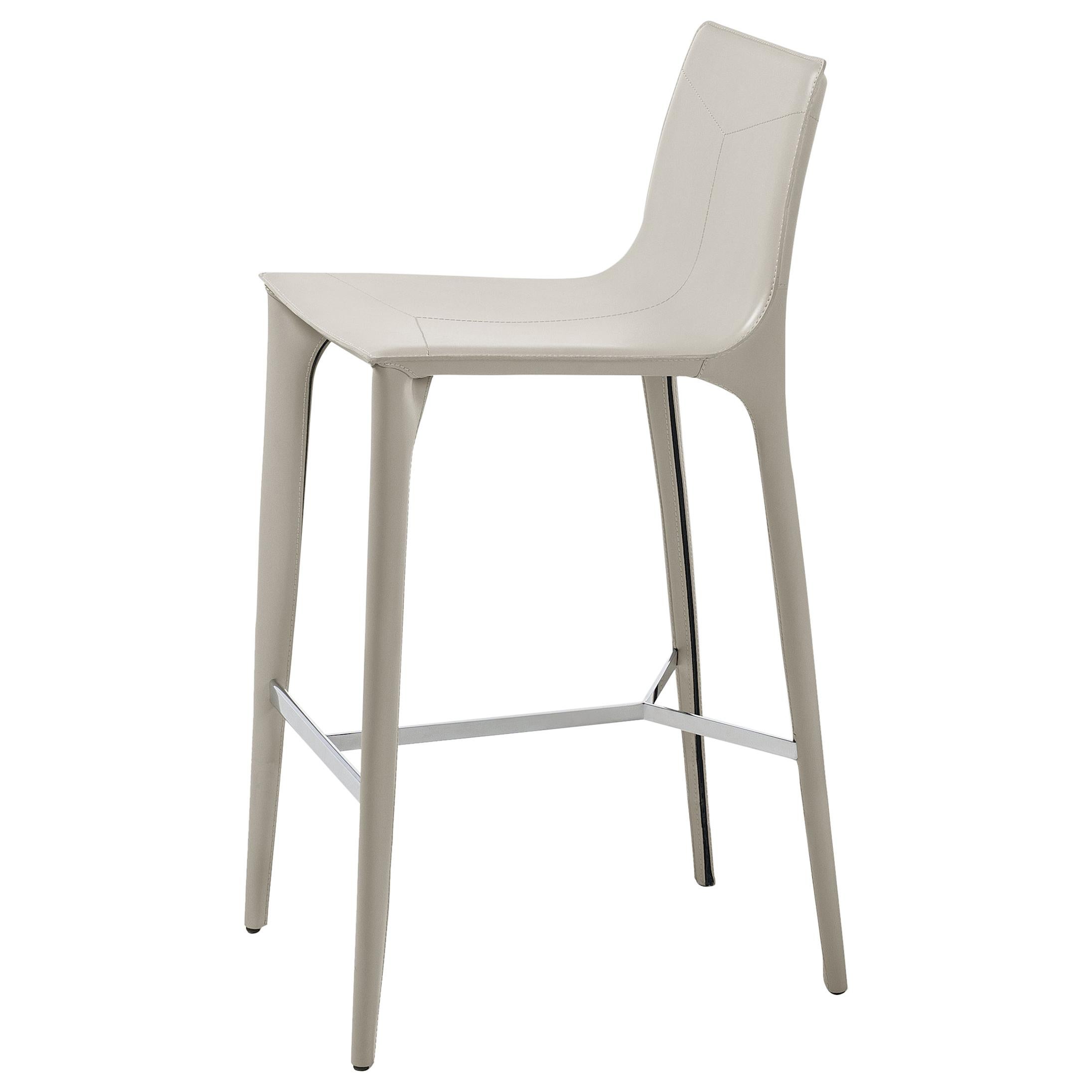 HOLLY HUNT Adriatic Bar Stool in Polished Chrome with Ice Grey Leather Finish