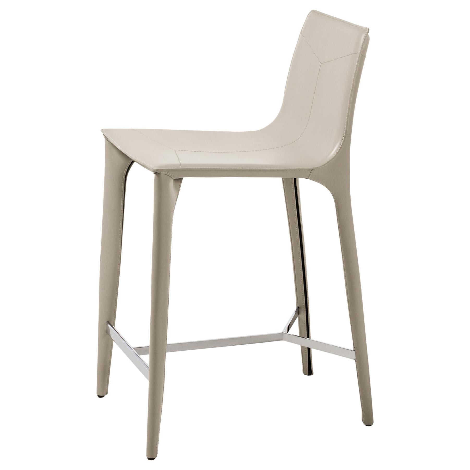 HOLLY HUNT Adriatic Counter Stool in Polished Chrome and Ice Grey Leather Finish
