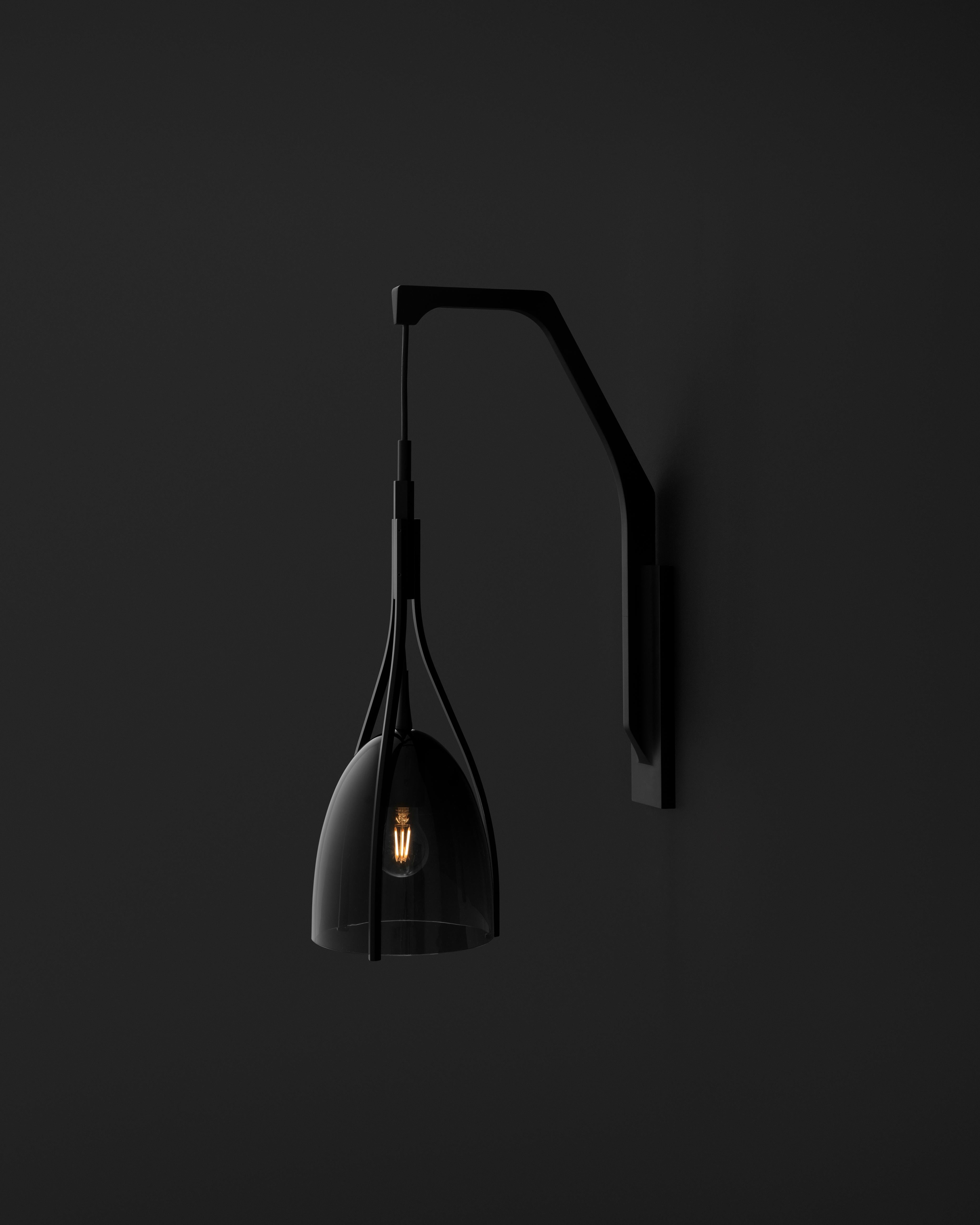Modern HOLLY HUNT Black Cat Wall Sconce in Anodized Aluminum Frame and Glass Shade