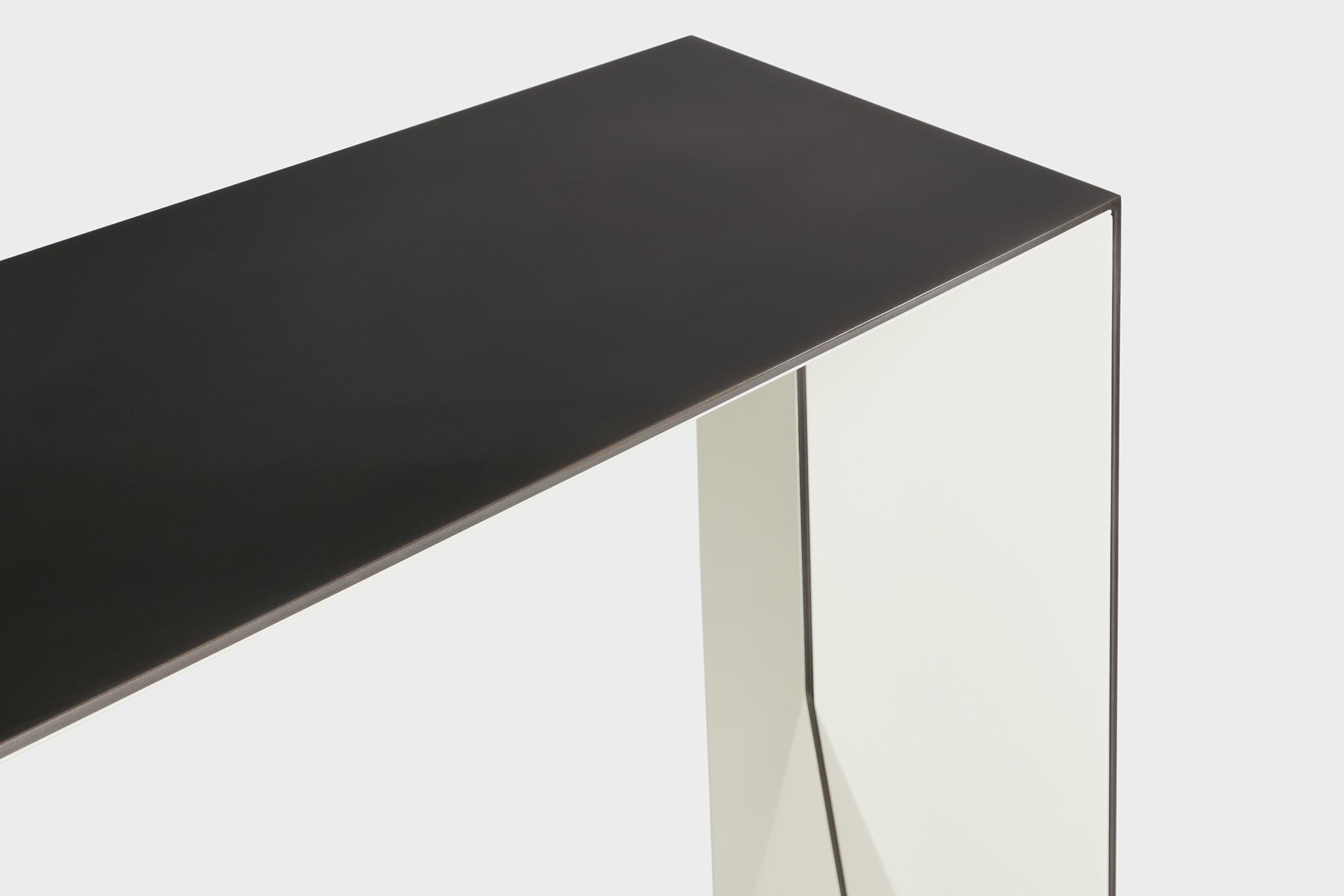 HOLLY HUNT Brimstone console table in steel structure with lacquer blanc finish. A contemporary console with an innovative combination of hand rubbed patinated metal and lacquered wood. Ideal for large, minimal interiors. The perfect table to place