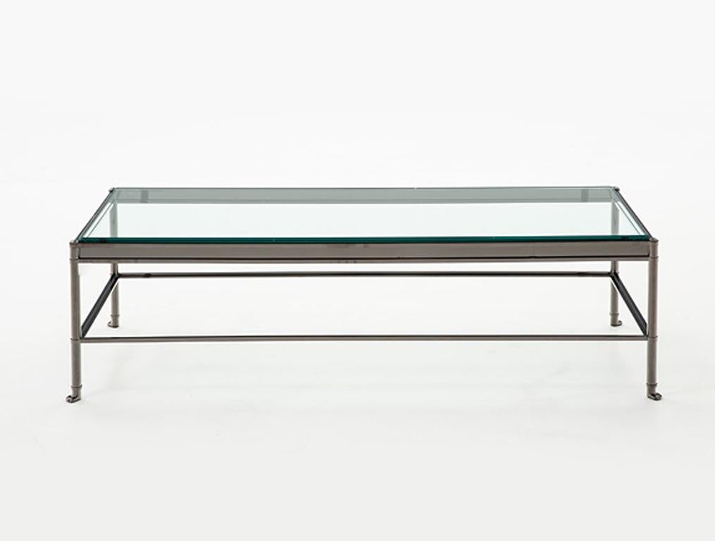 HOLLY HUNT D'Orsay Single-Tier Frame Cocktail Large Table in Nickel & Glass Top In Good Condition In Chicago, IL