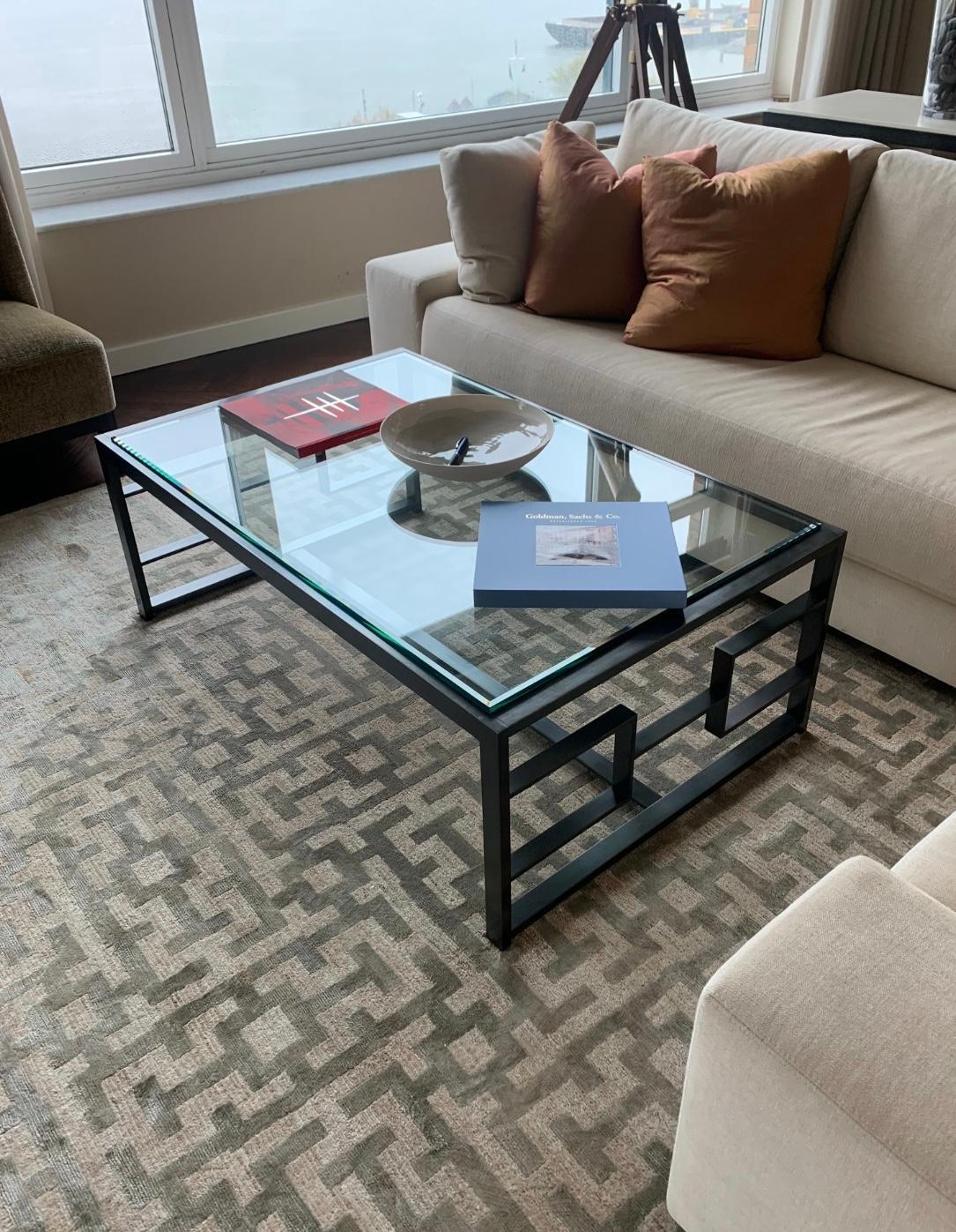 Holly Hunt H-Cocktail Coffee Table in Aged Bronze Geometric Base, 2016, France. In Good Condition For Sale In Brooklyn, NY