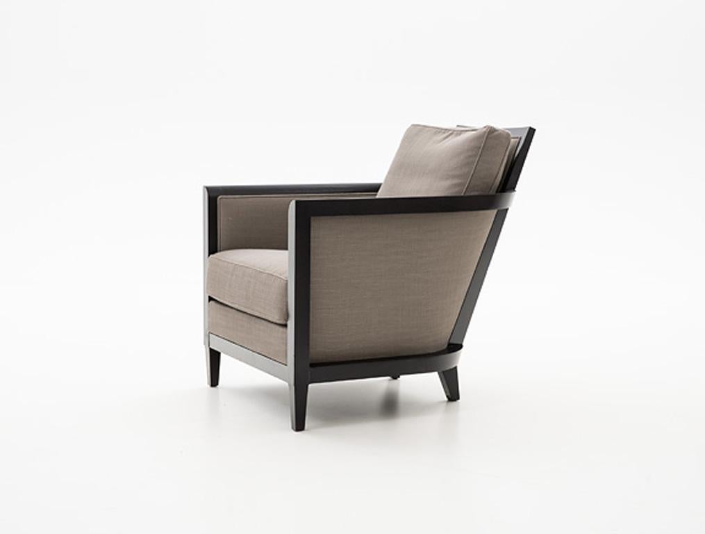 Holly Hunt Hemp Sail club chair with ebonized oak and brown upholstery

Additional Information:
Materials: Oak, upholstery
Frame finish: Oak ebonized 
COM: Estate linen/Terrace
Dimensions: 27.5 W x 35 D x 33 H inch
Available in other frame finish