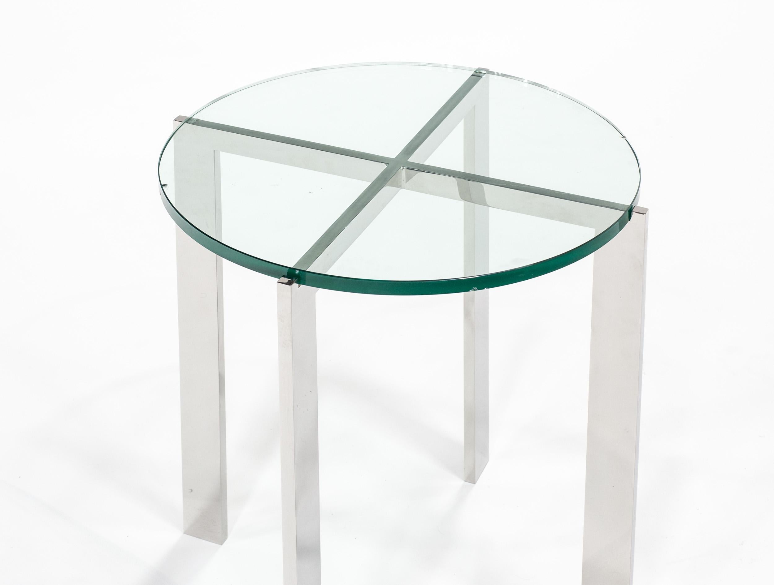 Modern HOLLY HUNT Morgan Side Table in Stainless Steel Base with Glass Top