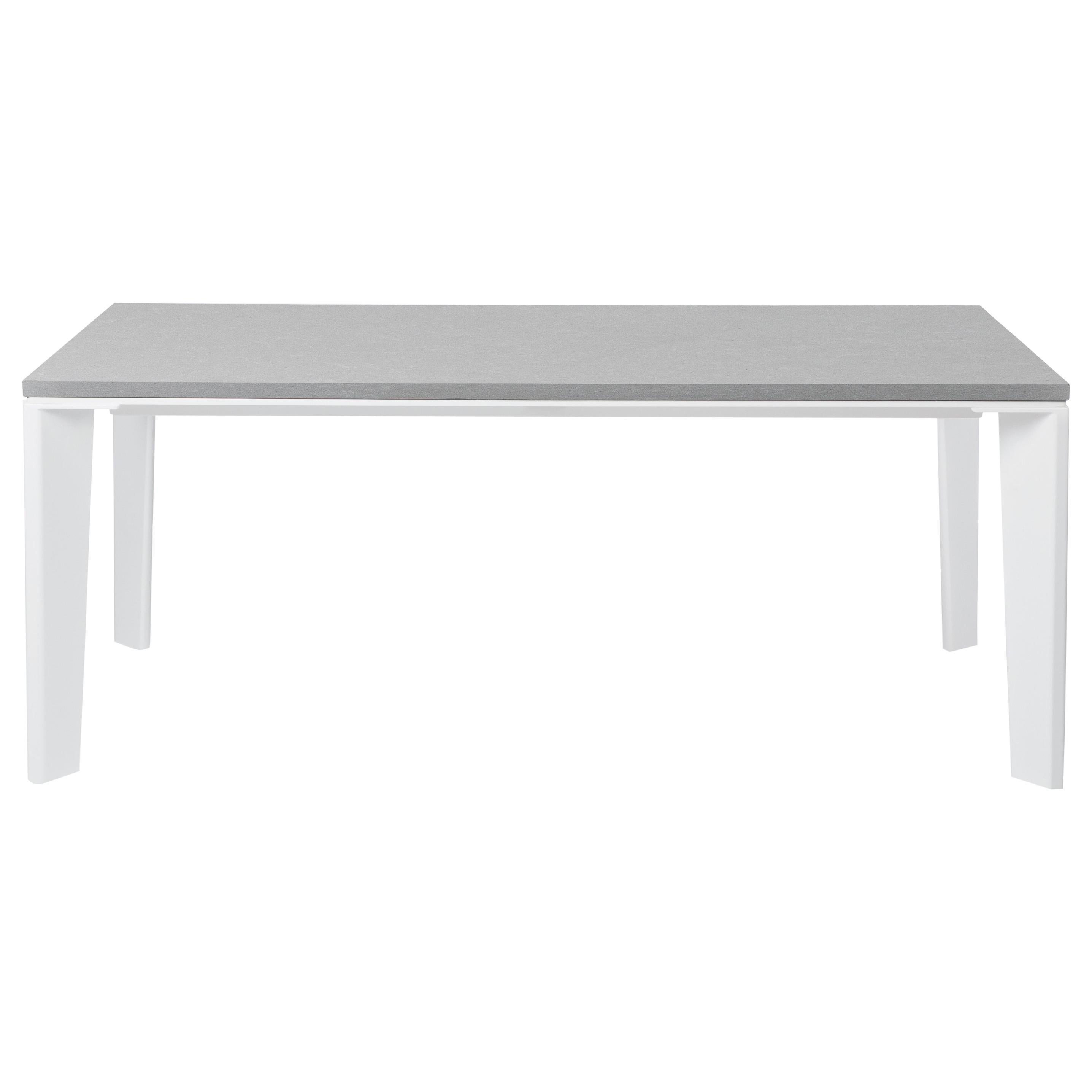 HOLLY HUNT Outdoor Keel 74" Dining Table in Pearl Metal & Belgium Fog Stone Top For Sale