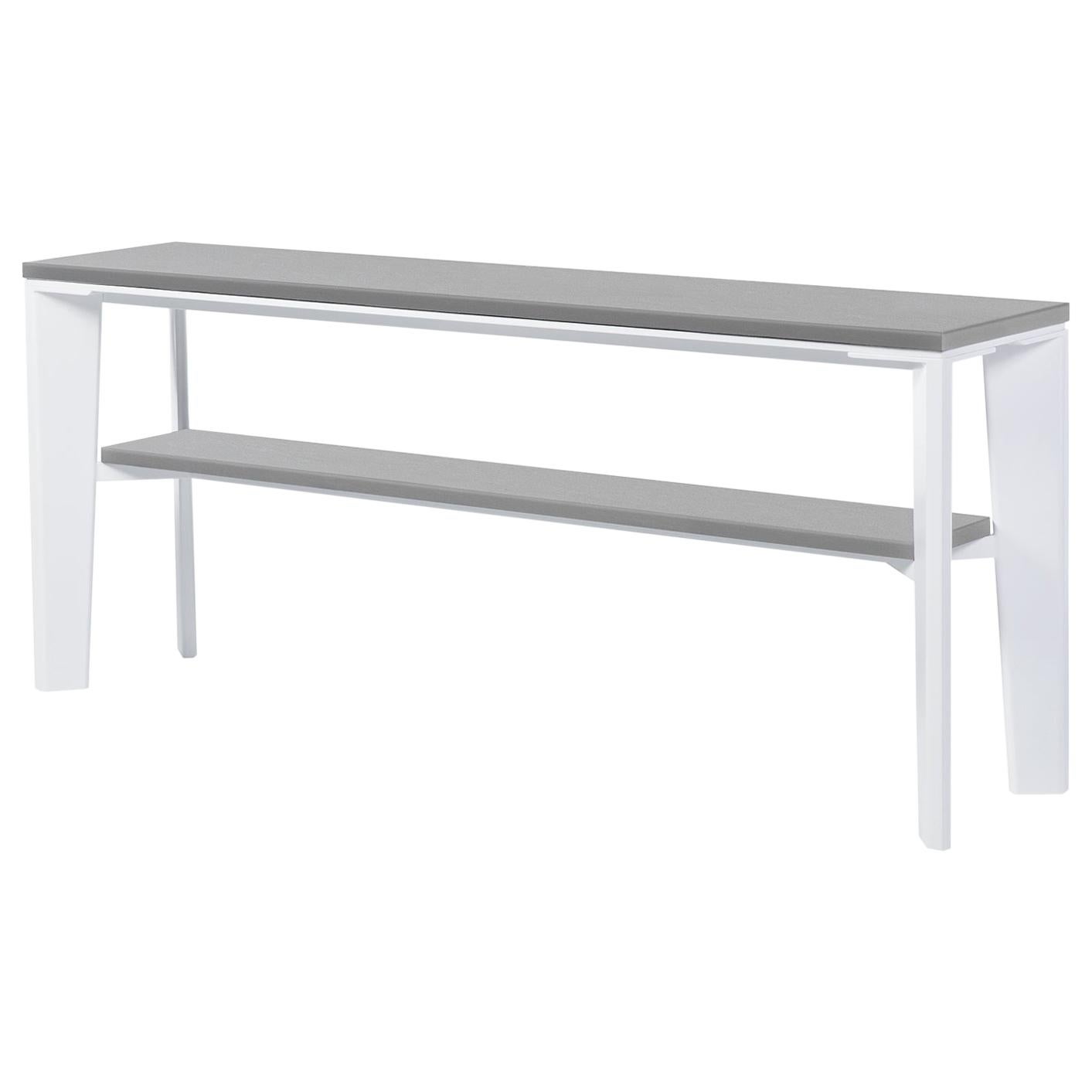 HOLLY HUNT Outdoor Keel Console with Pearl Metal Frame & Belgium Fog Stone Top