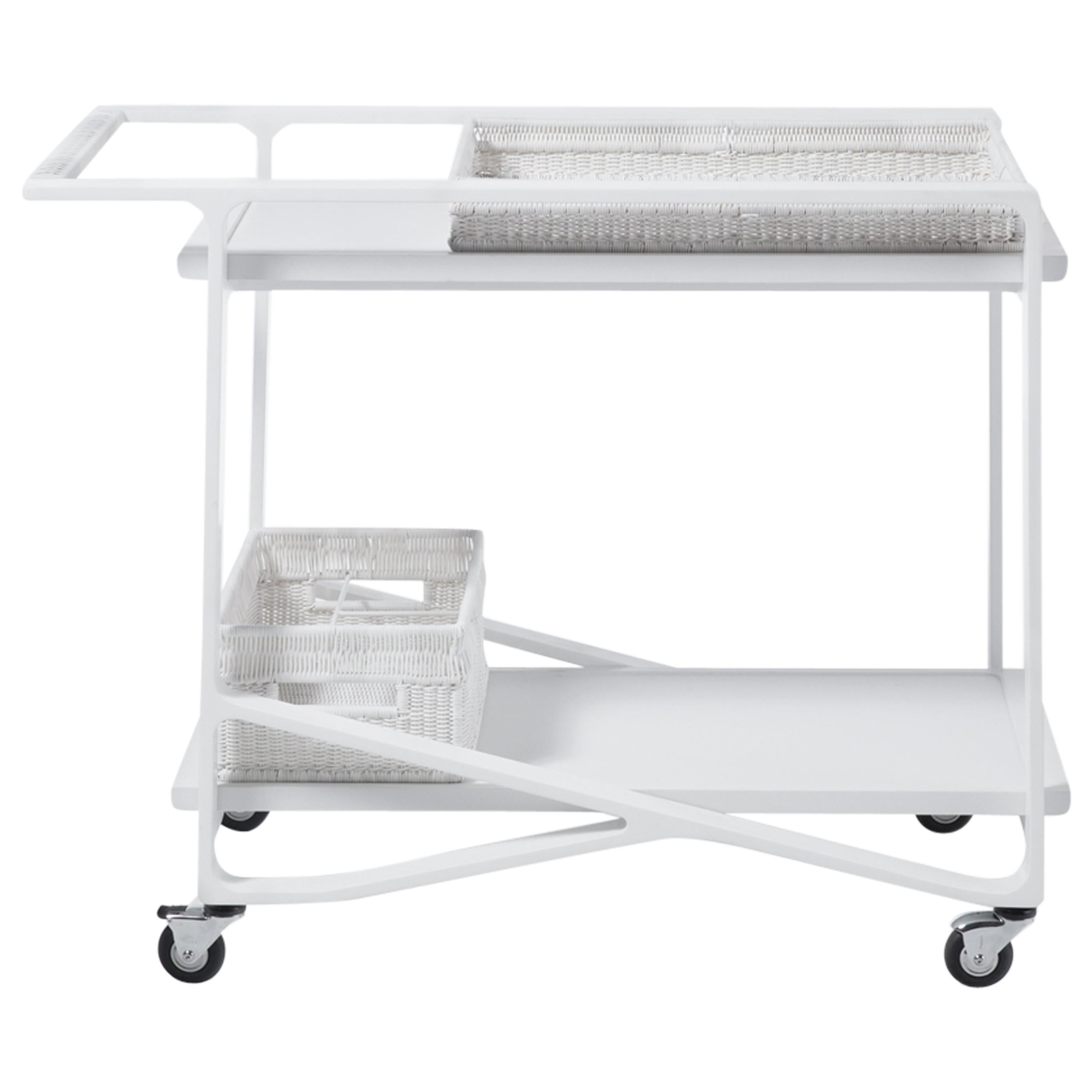 HOLLY HUNT Outdoor Omura Bar Cart with Pearl Frame & Pure White Stone Top/Shelve For Sale