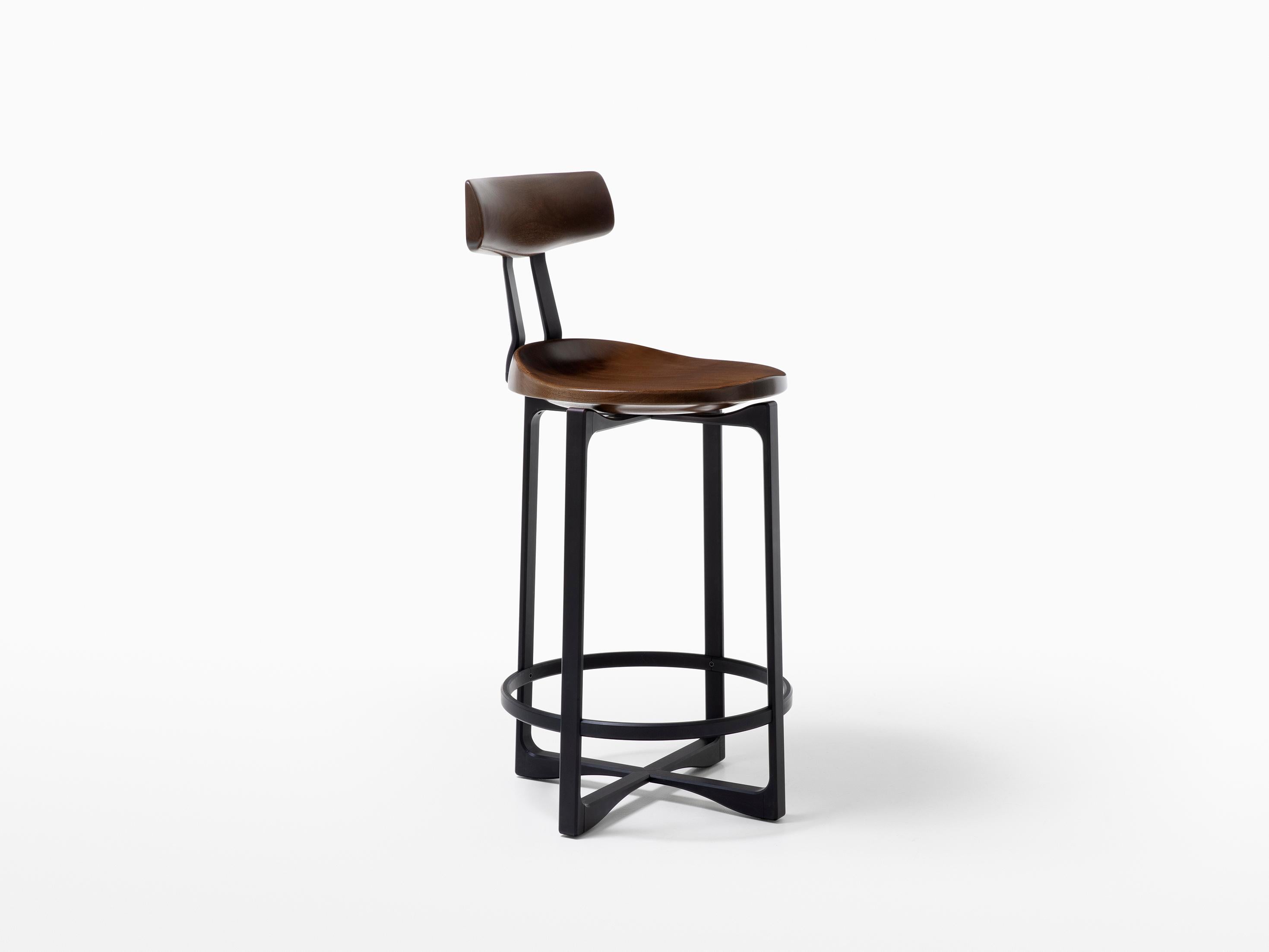 HOLLY HUNT Pepper counter stool with back in walnut cinder seat & aluminum frame. Unusual yet innovative, the Pepper Counter stool design was inspired by the sectioned appearance of a sliced bell pepper. Advanced aluminum crafting techniques were