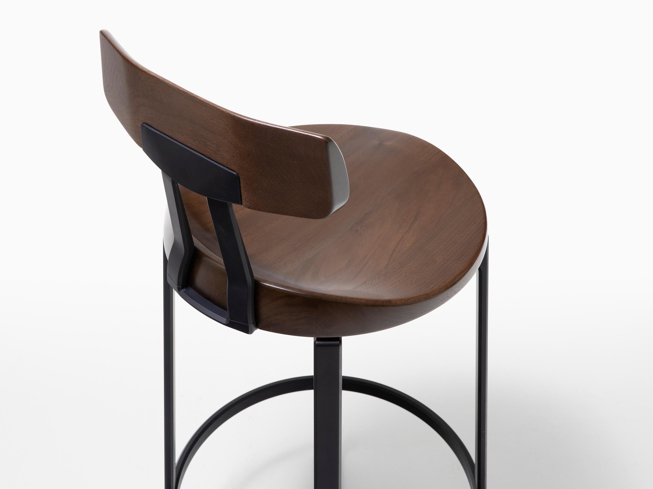 Modern HOLLY HUNT Pepper Counter Stool with Back in Walnut Cinder Seat & Aluminum Frame