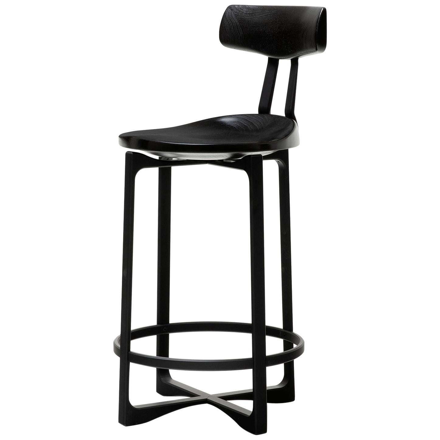 HOLLY HUNT Pepper Counter Stool with Backrest in Black Walnut and Aluminum Frame
