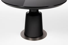 HOLLY HUNT Peso Round Dining Table in Black Lacquer with Aged Nickel Base Plate
