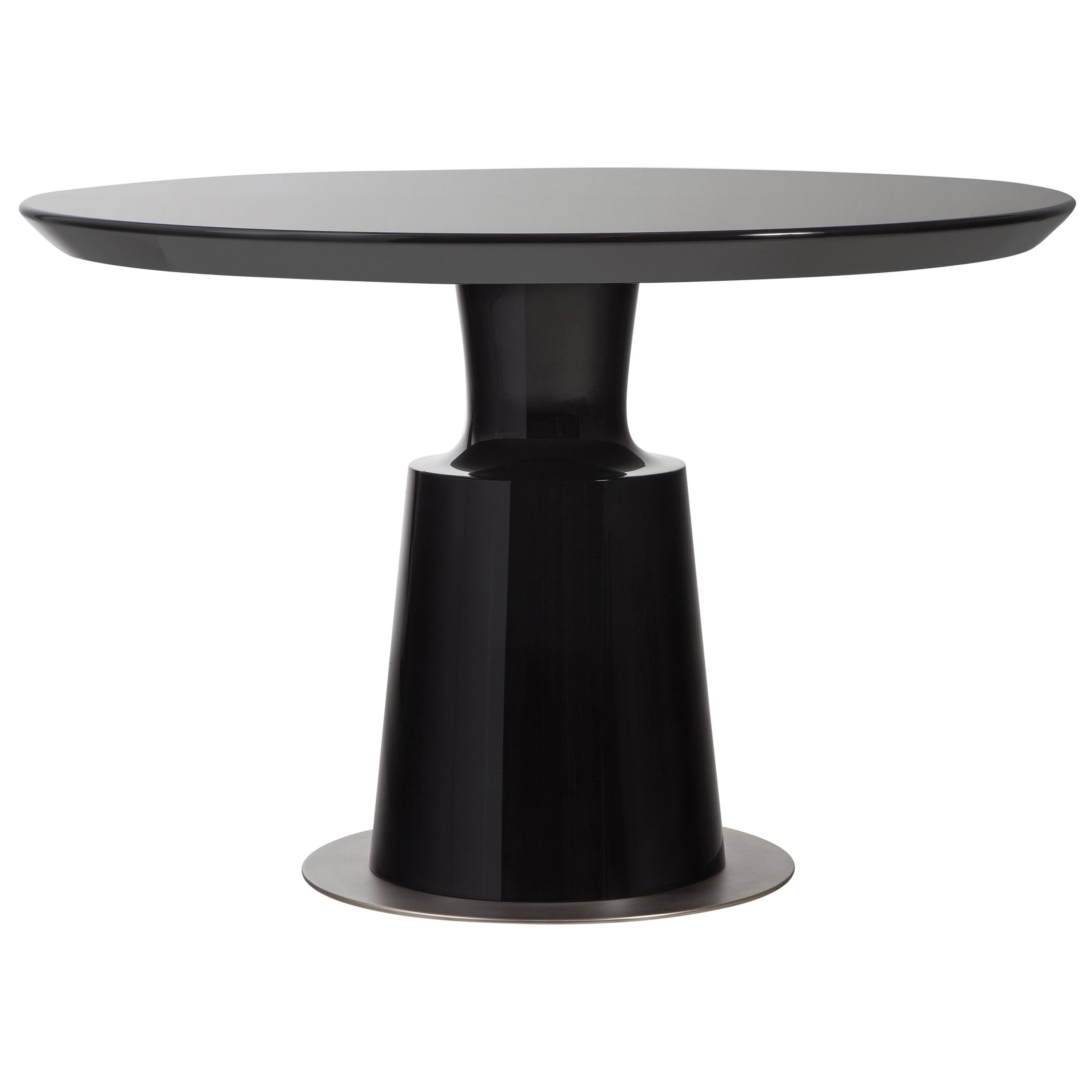 HOLLY HUNT Peso Round Dining Table in Black Lacquer with Aged Nickel Base Plate