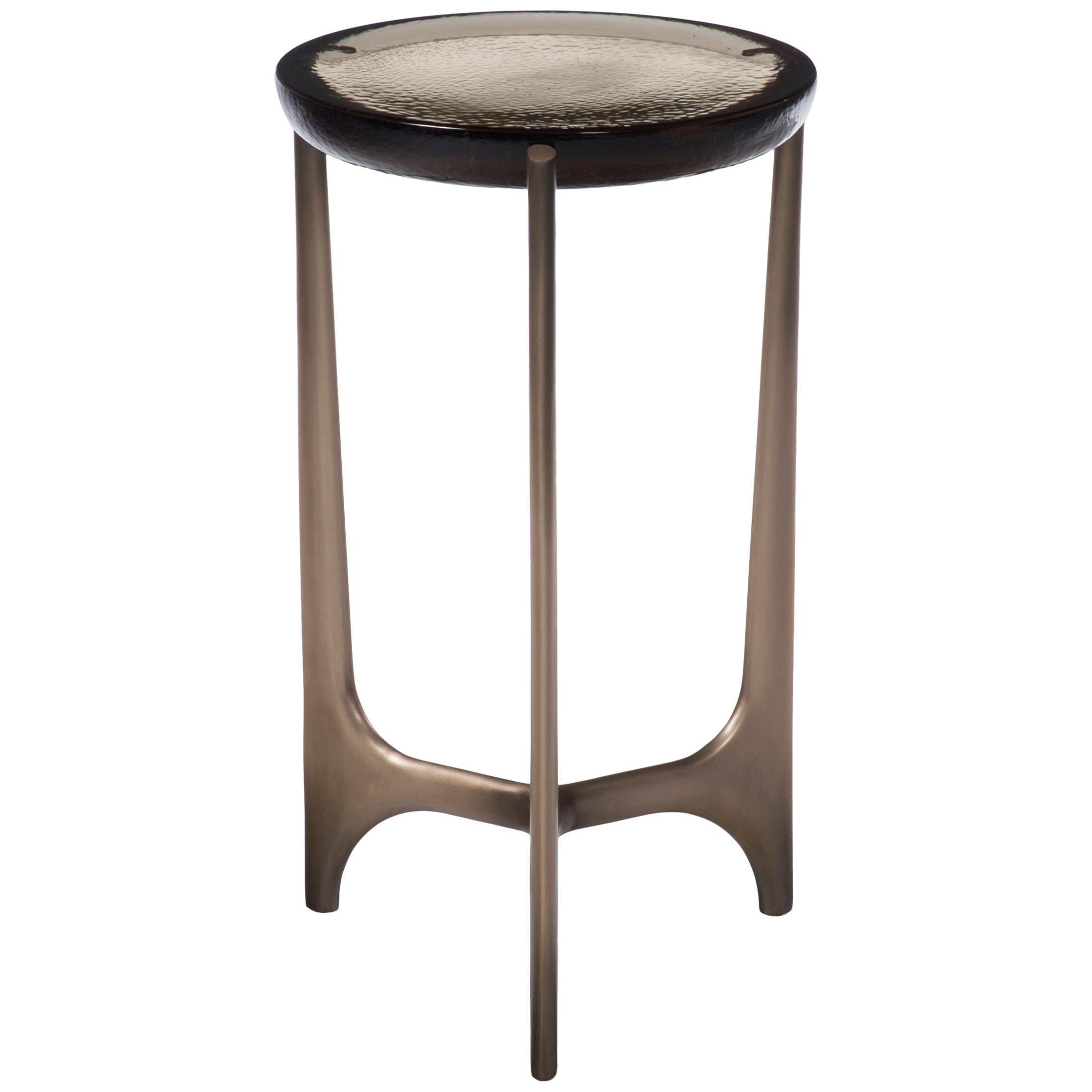 HOLLY HUNT Portia Drink Table with Fog Cast Glass Top and Light Bronze Base