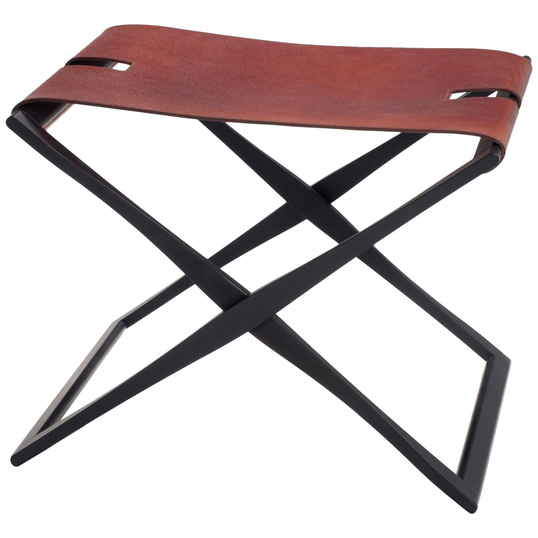 HOLLY HUNT Rover Folding Stool in Anodized Aluminium and Cordovan Rover Leather