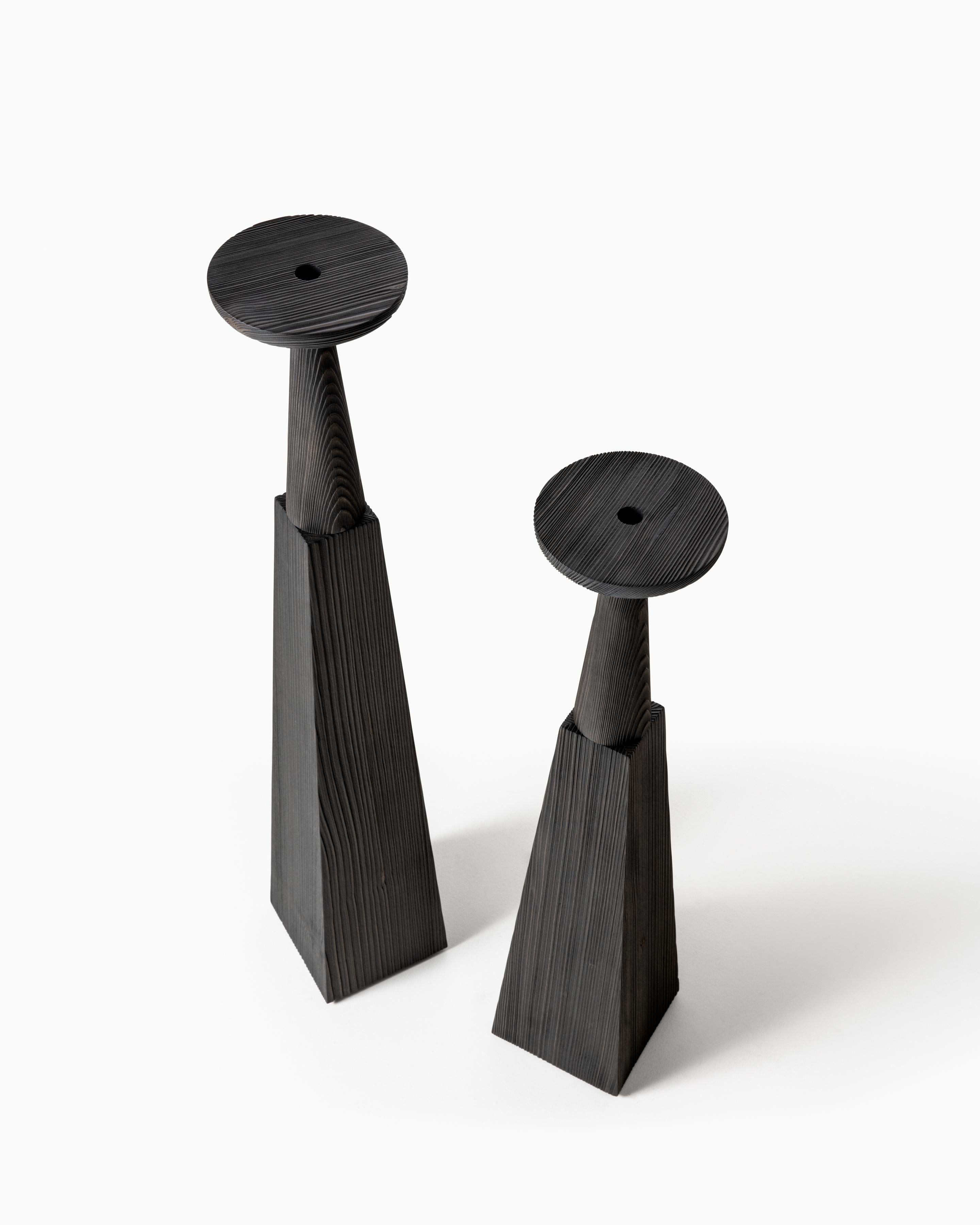 Contemporary HOLLY HUNT Set of 2 Church Spruce Candlestick with Black Tinted Metal 