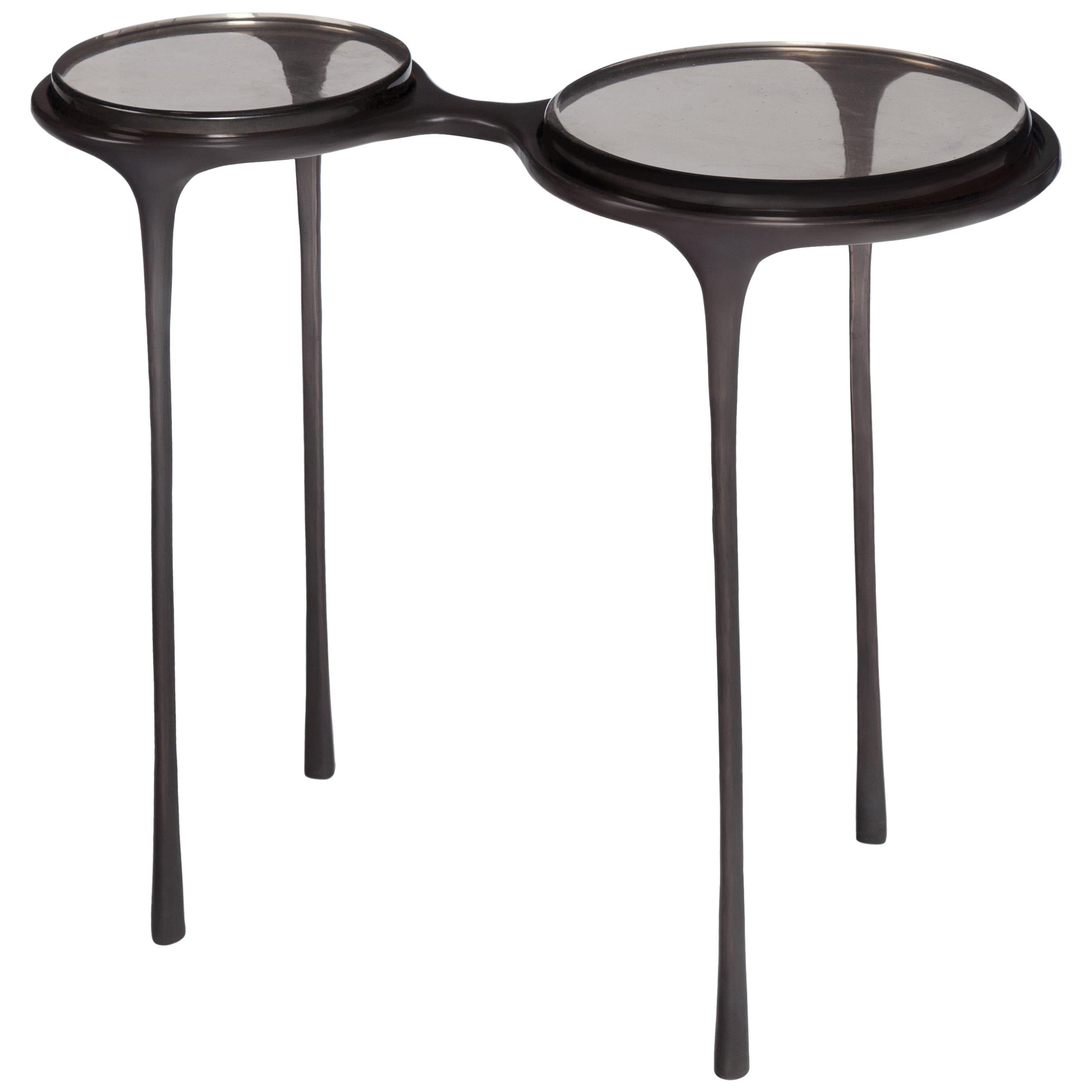 HOLLY HUNT Spectacles Table with Fog Cast Glass Top with Dark Bronze Base Finish